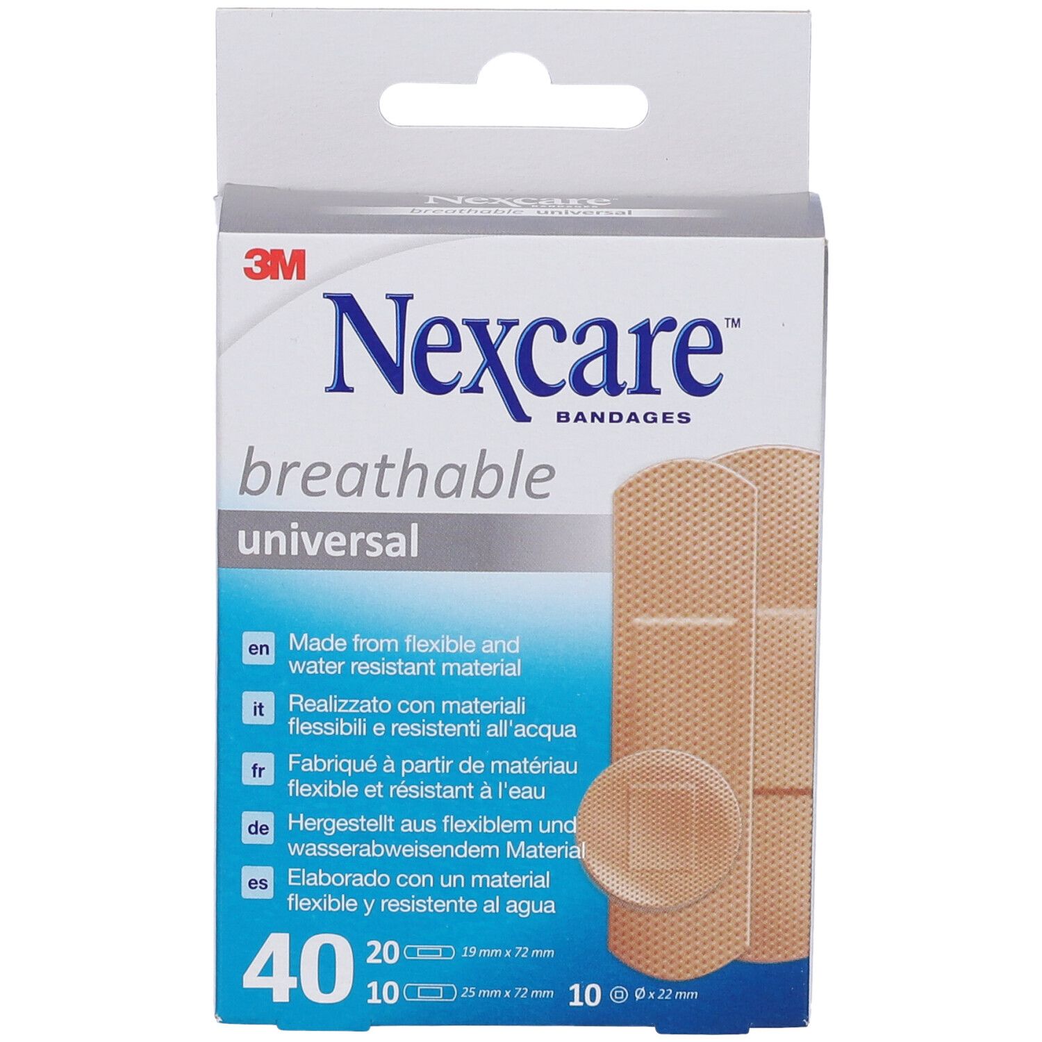 3M Nexcare Breathable Universal Pflasterverpackung. Enthält 40 Pflaster, verschiedene Größen. Sichtbar: 20 x 19mm, 10 x 25x72mm, 10 x 10x22mm.