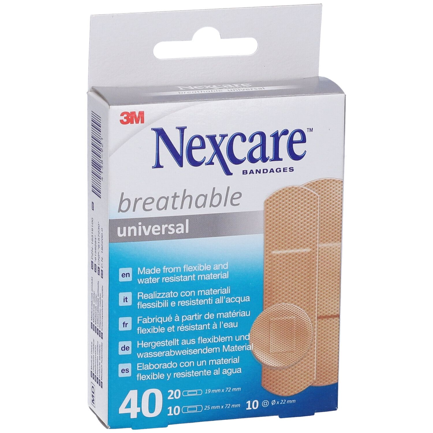 3M Nexcare Breathable Universal Pflasterverpackung. Enthält 40 Pflaster, verschiedene Größen. Sichtbar: 20 x 19mm, 10 x 25x72mm, 10 x 10x22mm.