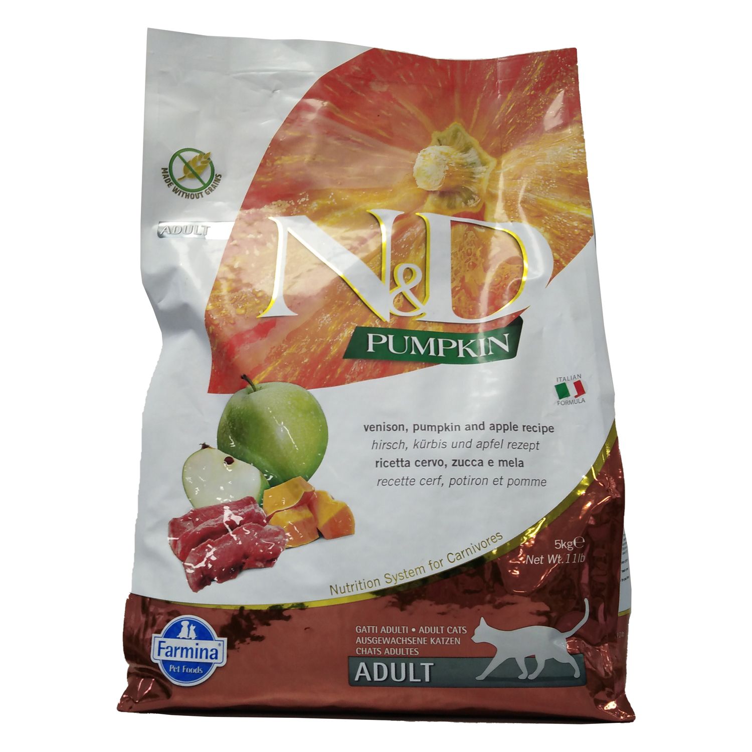 Beutel Trockenfutter. N&D Pumpkin, Hirsch, Kürbis & Apfel. Abbildung von Zutaten: Apfel, Kürbis, Fleisch. Farmina Logo.
