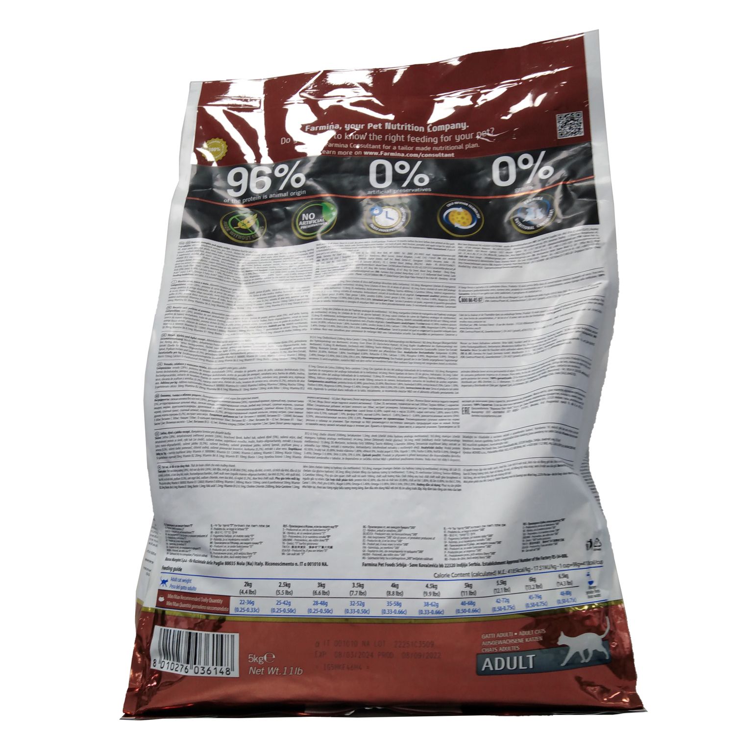 Rückseite des Trockenfutterbeutels. Textinformationen, Nährwertangaben, Logo. 96% natürliche Zutaten, 0% künstliche Konservierungsstoffe.