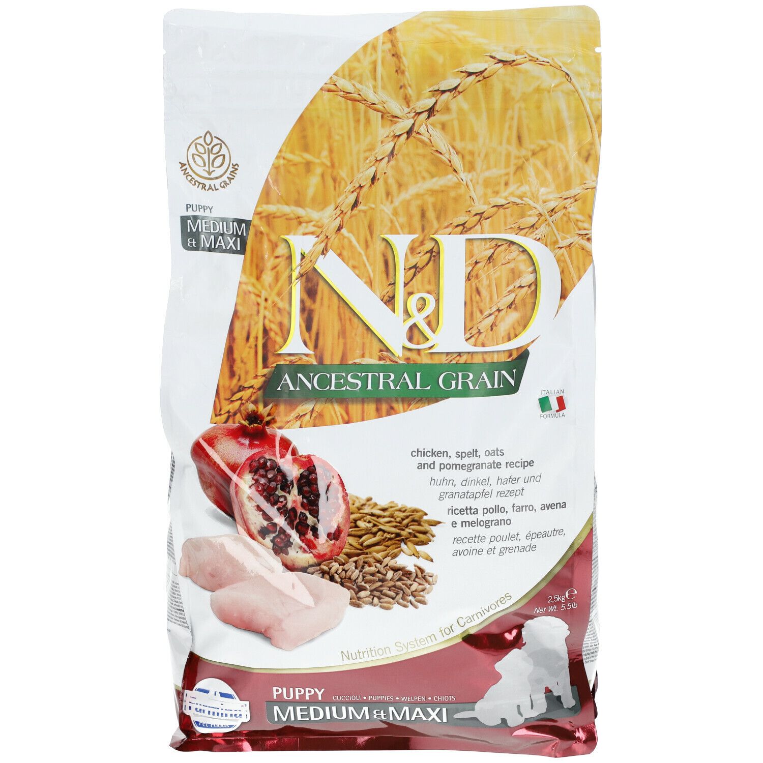 Beutel Trockenfutter. Aufdruck: N&D Ancestral Grain, Huhn, Granatapfel. Medium & Maxi Welpenfutter. Italienische Flagge.