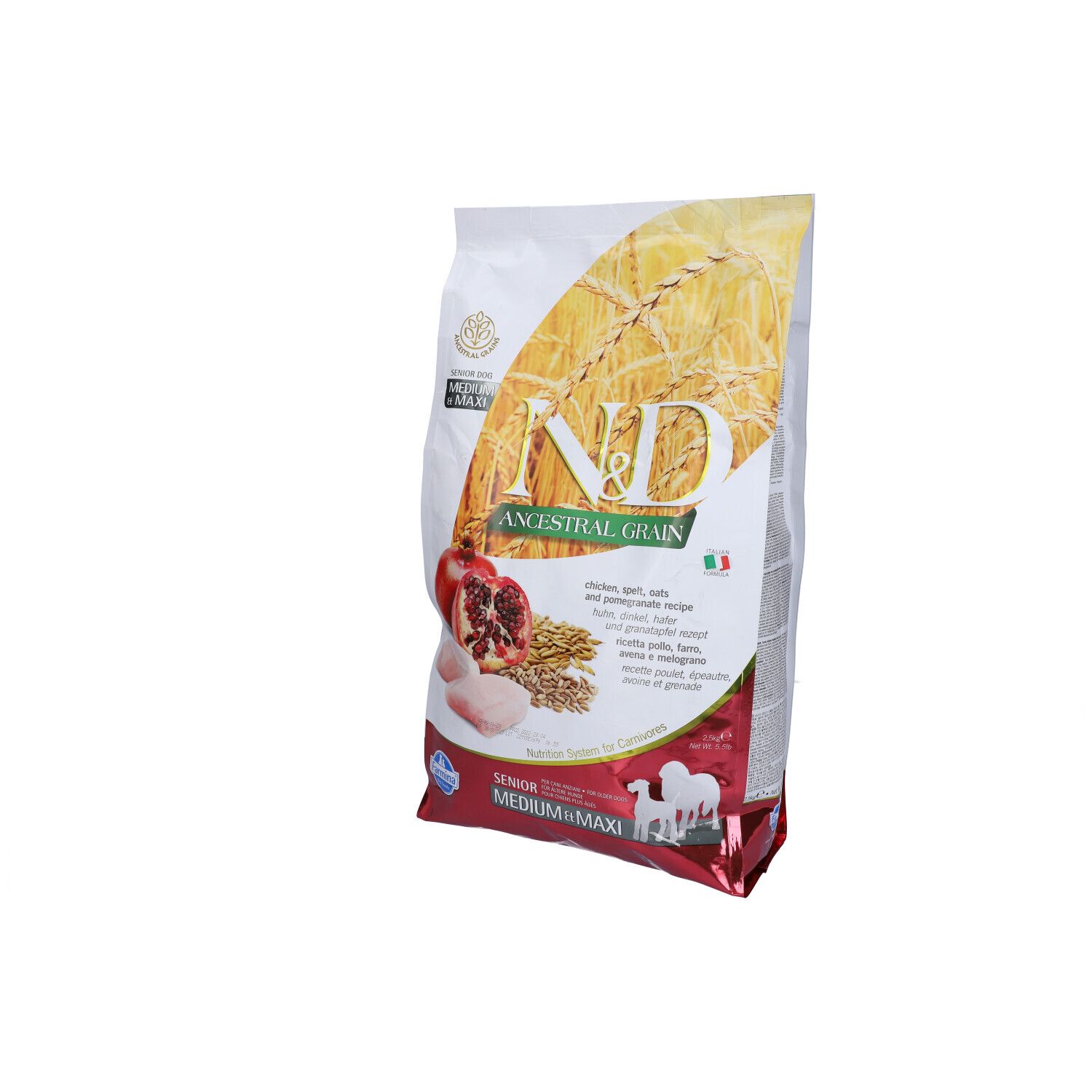 Verpackung Trockenfutter. Aufschrift N&D Ancestral Grain, Huhn, Granatapfel. Abbildung von Granatapfel, Huhn und Getreide.