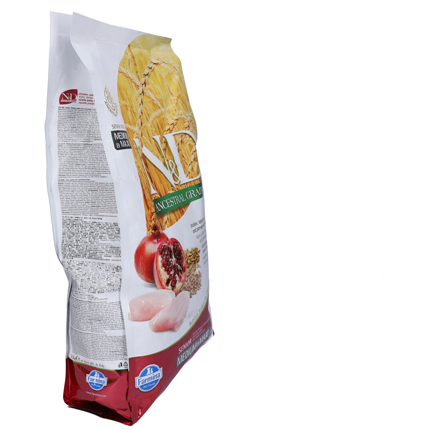 Trockenfutter-Verpackung, Seitenansicht. Aufschrift N&D Ancestral Grain. Abbildung von Granatapfel, Huhn und Getreide.