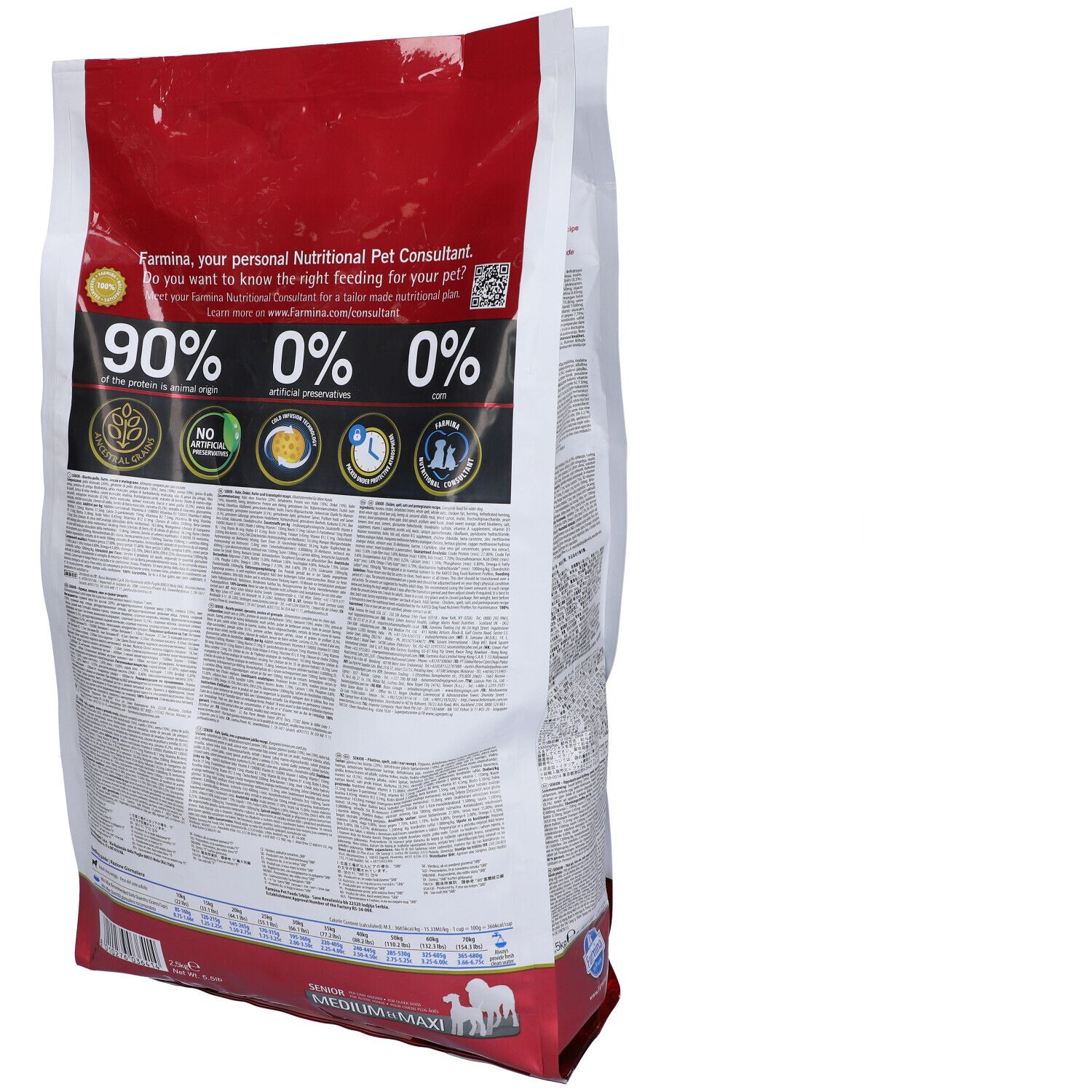 Rückseite der Trockenfutter-Verpackung. Text und Logos. Aufschrift 90% tierischen Ursprungs, 0% künstliche Konservierungsstoffe, 0% Getreide.