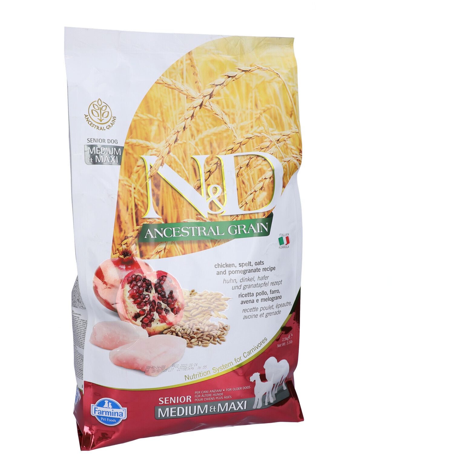Trockenfutter-Verpackung. Aufschrift N&D Ancestral Grain, Huhn, Granatapfel. Abbildung von Granatapfel, Huhn und Getreide.