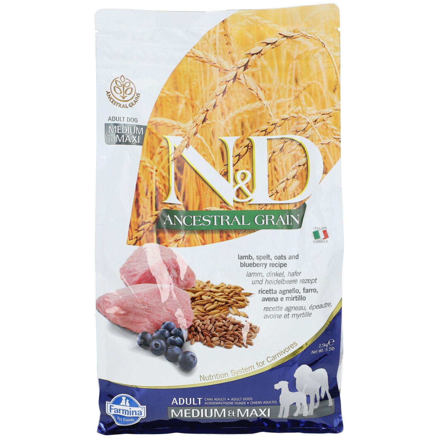 Hundefutterbeutel mit N&D-Logo. Abbildung von Fleisch, Getreide und Blaubeeren. Text: Adult Medium Maxi.