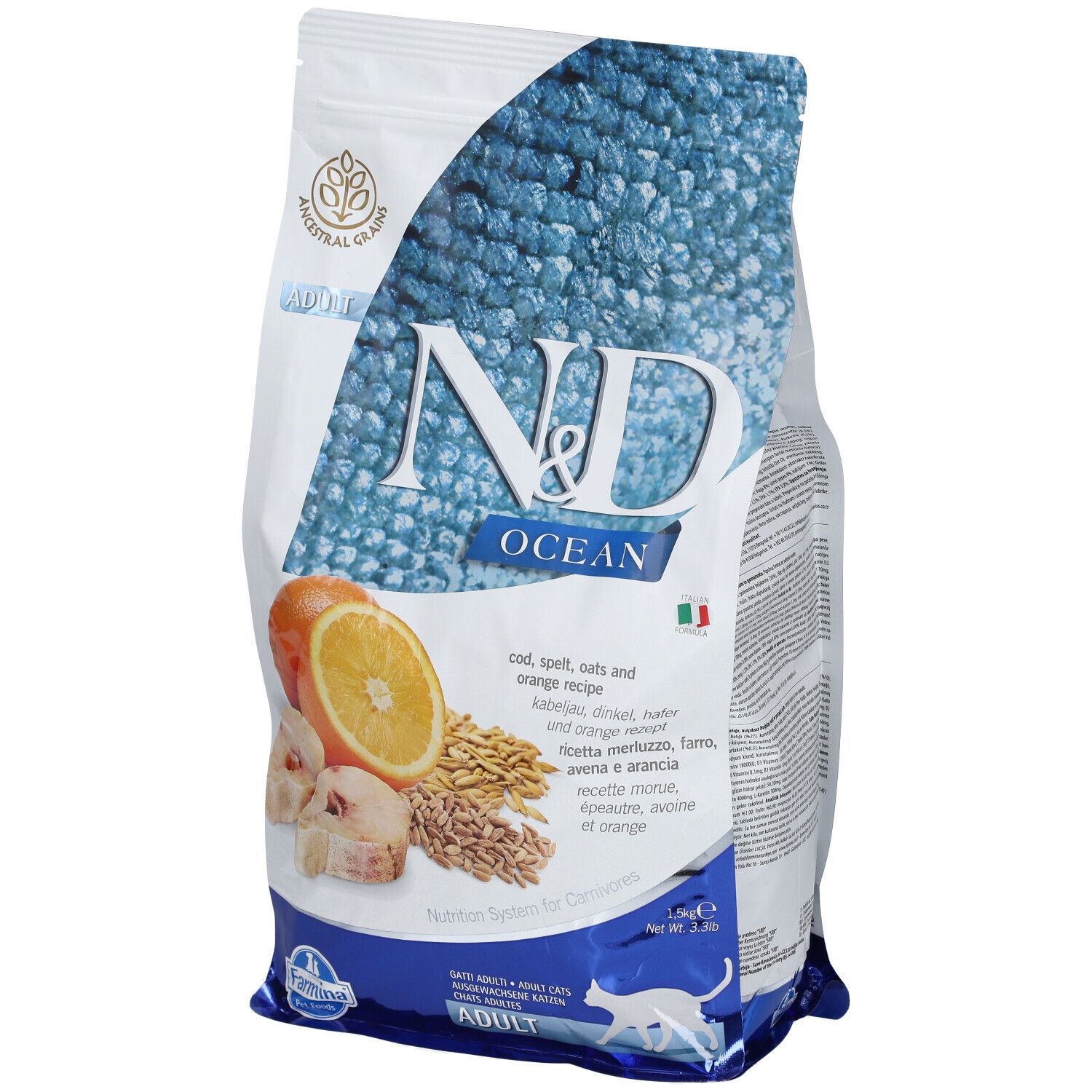 Beutel Trockenfutter mit N&D Ocean-Logo, Abbildung von Fisch, Orange und Getreide. Italienische Flagge.
