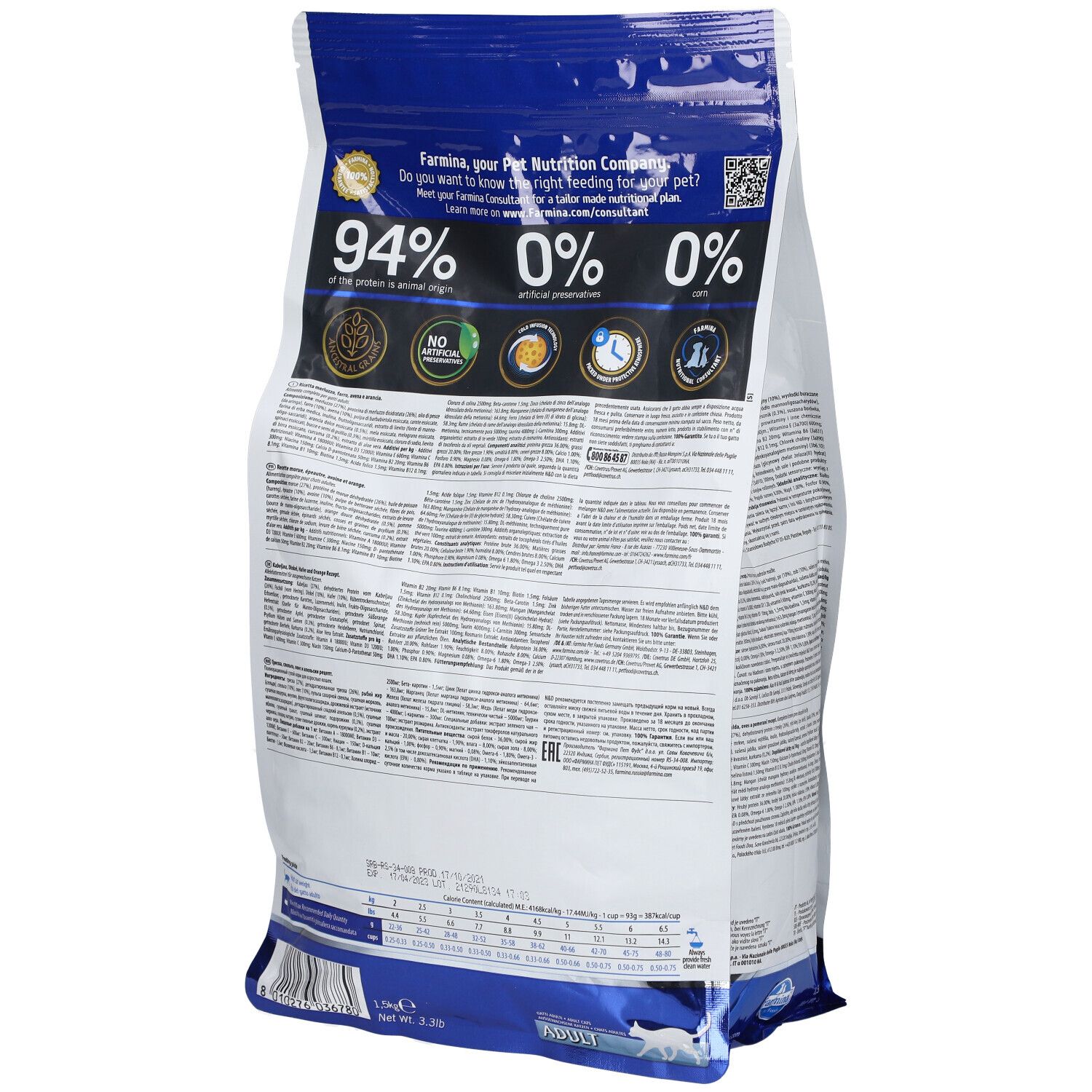 Rückseite des Trockenfutterbeutels. Text mit Nährwertangaben, 94% tierische Proteine, 0% künstliche Konservierungsstoffe, 0% Getreide.