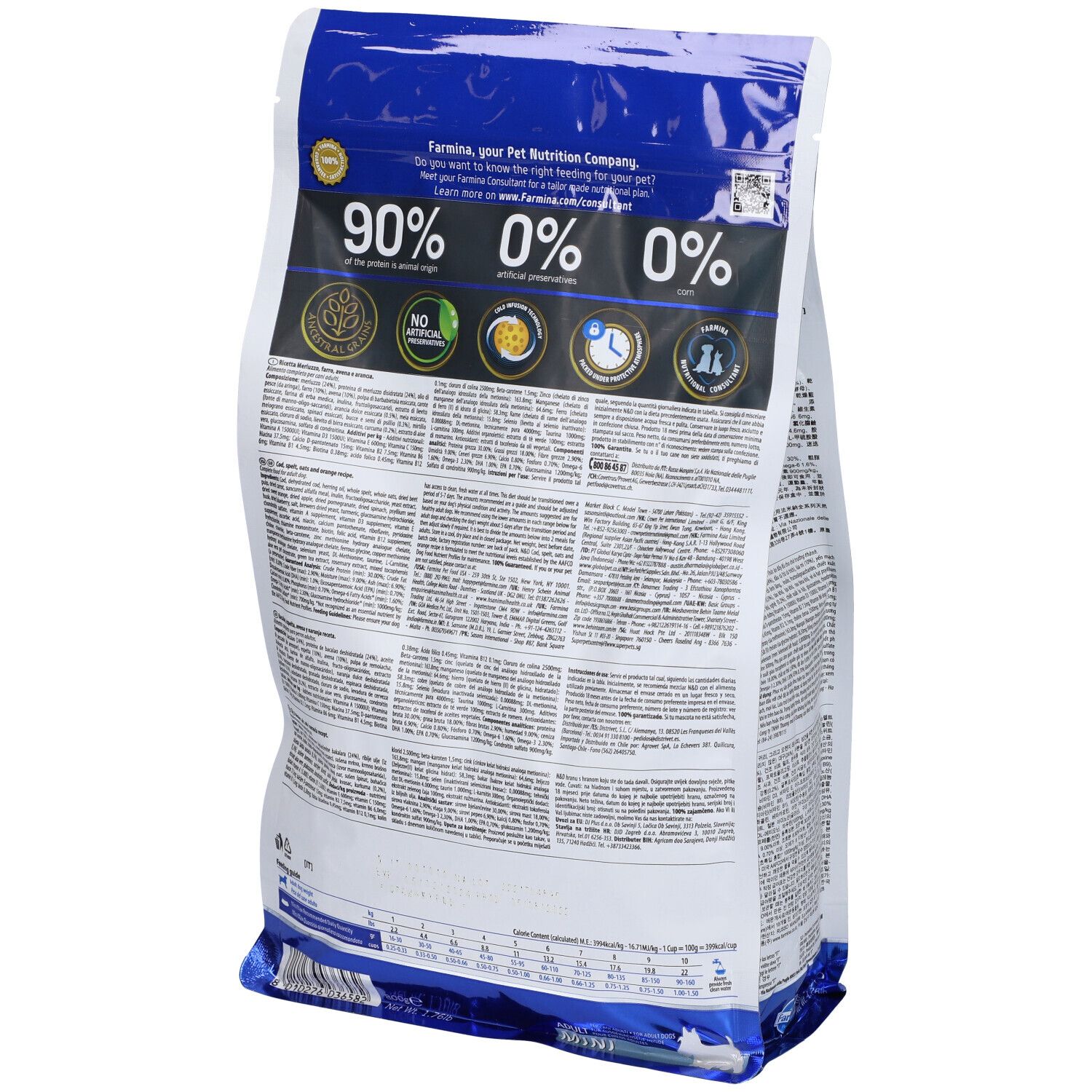 Rückseite der Trockenfutter-Verpackung. N&D Ocean, Adult Mini. Text mit Informationen. Logos und Qualitätszeichen. 90% tierischen Ursprungs.
