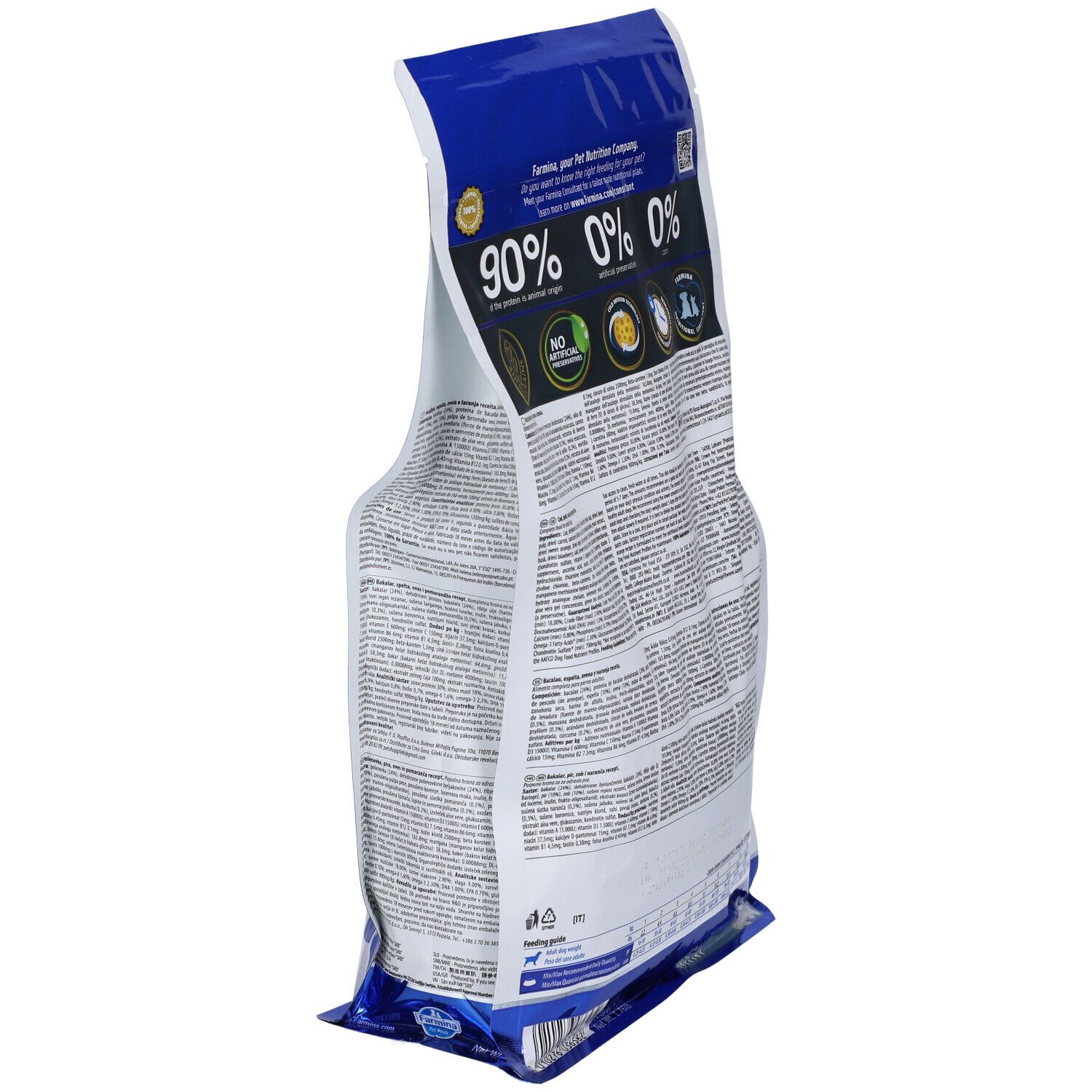 Rückansicht der Trockenfutter-Verpackung. N&D Ocean, Adult Mini. Text und Logos. 90% tierischen Ursprungs. Blau-weiße Farbgebung.