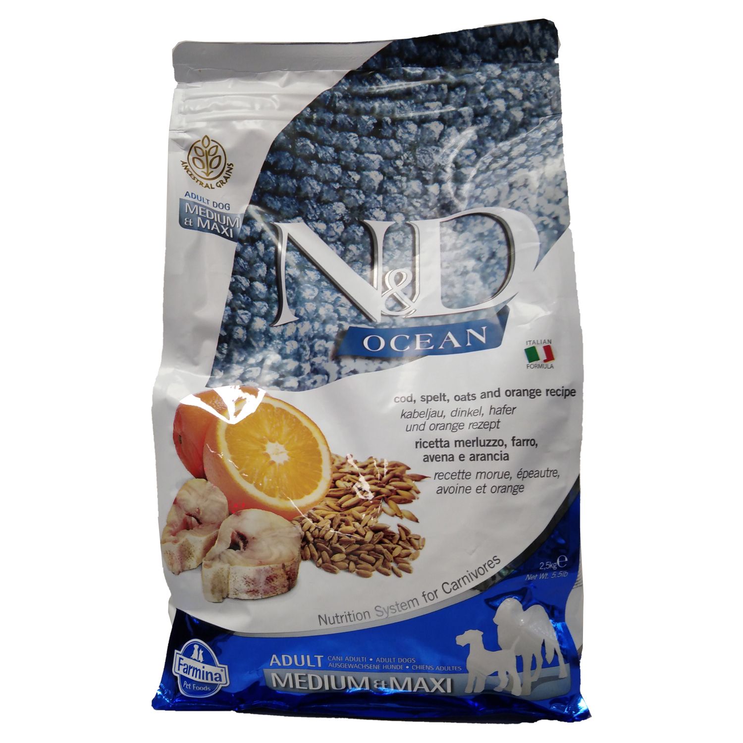 Farmina N&D Ocean Hundefutter-Beutel. Vorderseite mit Produktabbildung, Orangen, Fisch und Getreide. Text: N&D OCEAN, Farmina, Adult Medium Maxi.