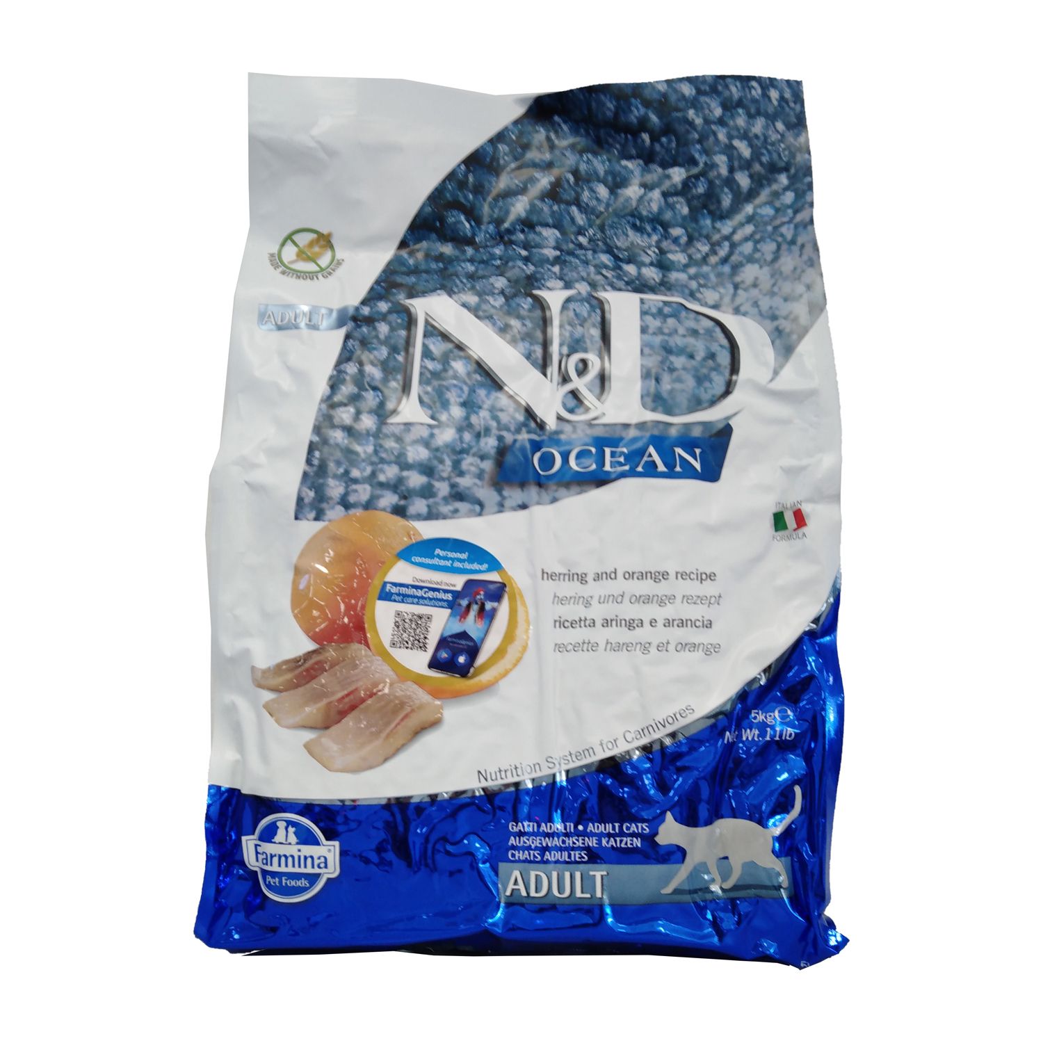 Farmina N&D Ocean Trockenfutter. Verpackung mit Fisch, Kürbis und Logo. Text: Hering & Orange. Katze Adult.