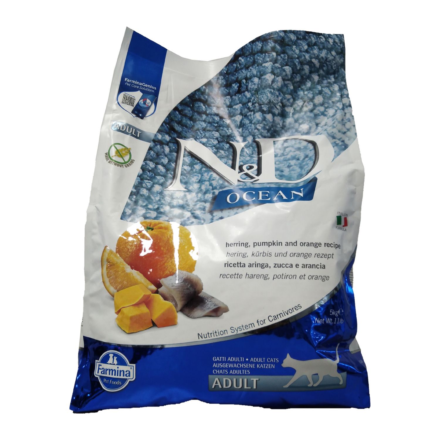 Farmina N&D Ocean Katzenfutter, Vorderseite. Beutel mit Fisch, Kürbis, Orange. Text: N&D Ocean, Adult. Zutaten-Abbildung.