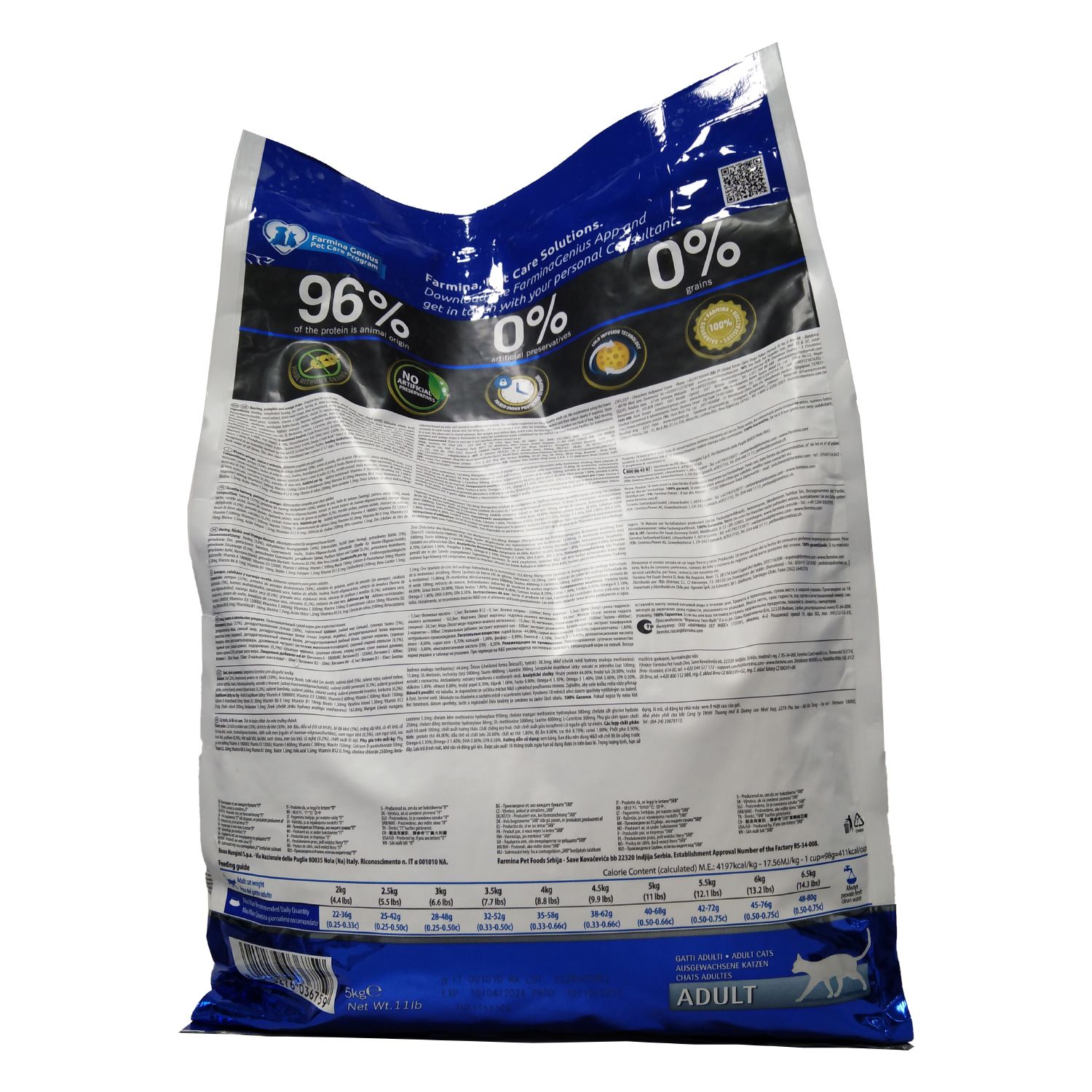Farmina N&D Ocean Katzenfutter, Rückseite. Beutel mit Text und Nährwertangaben. Text: Adult.