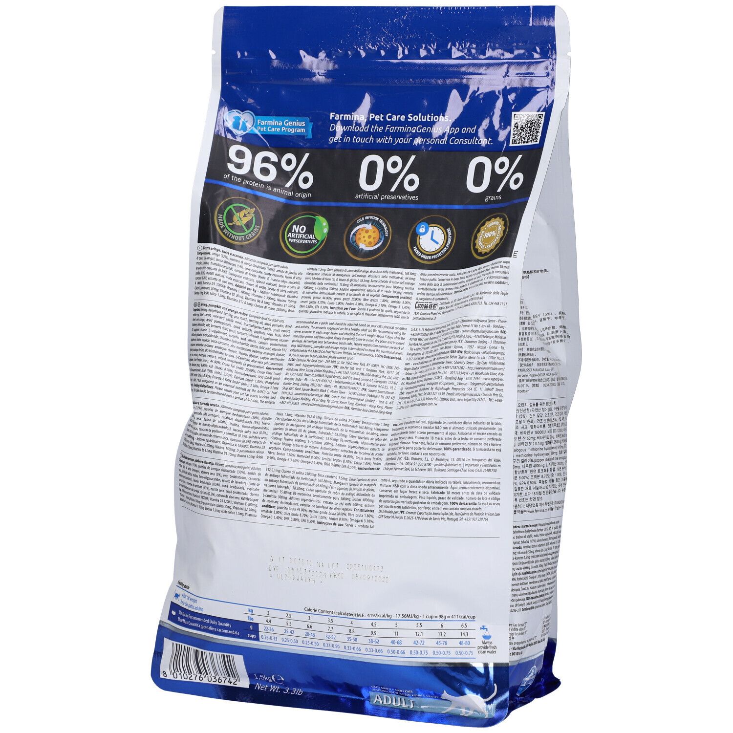 Rückseite der Trockenfutter-Verpackung. Text mit Informationen. Logos und Prozentangaben: 96%, 0%, 0%.