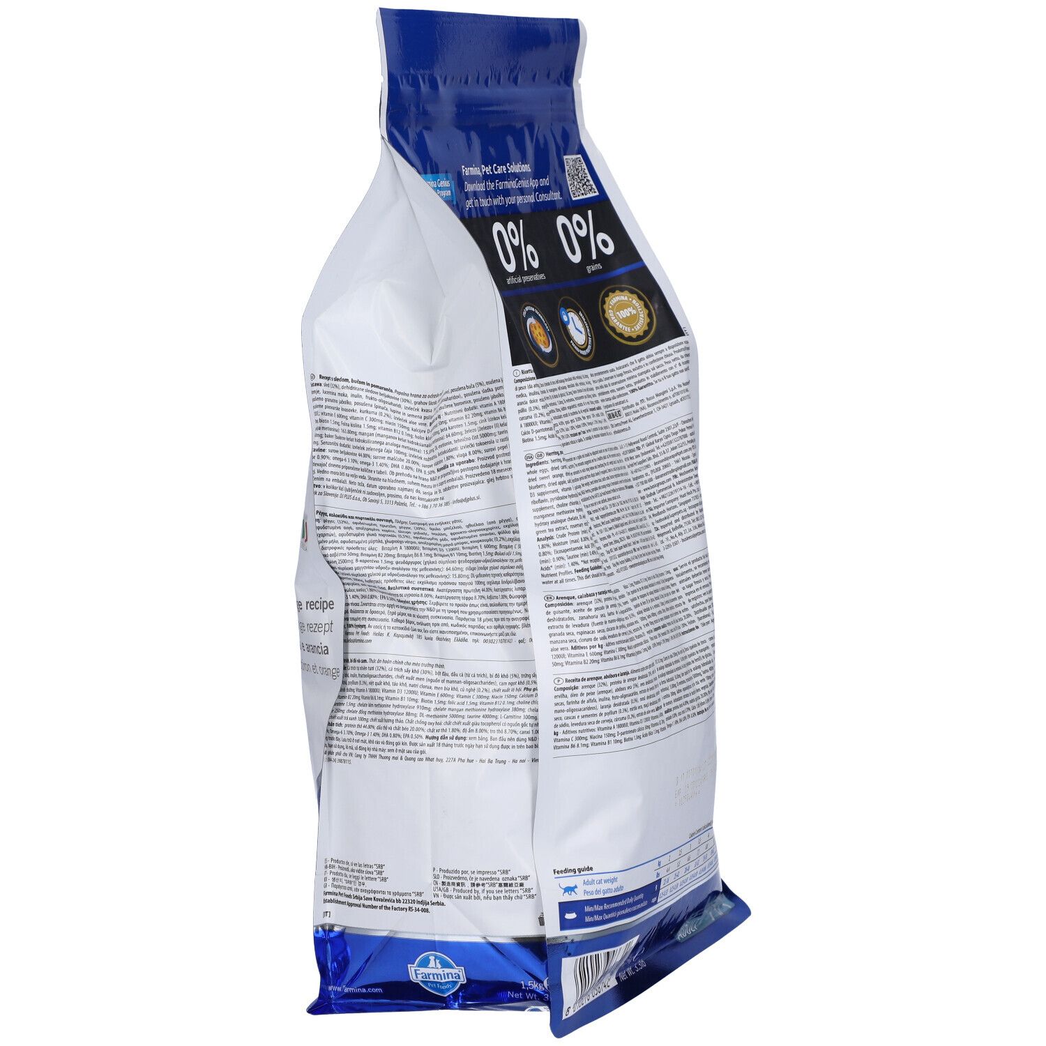Trockenfutter-Verpackung, Seitenansicht. Text auf der Verpackung. Logos und Prozentangaben: 0%, 0%, 0%.