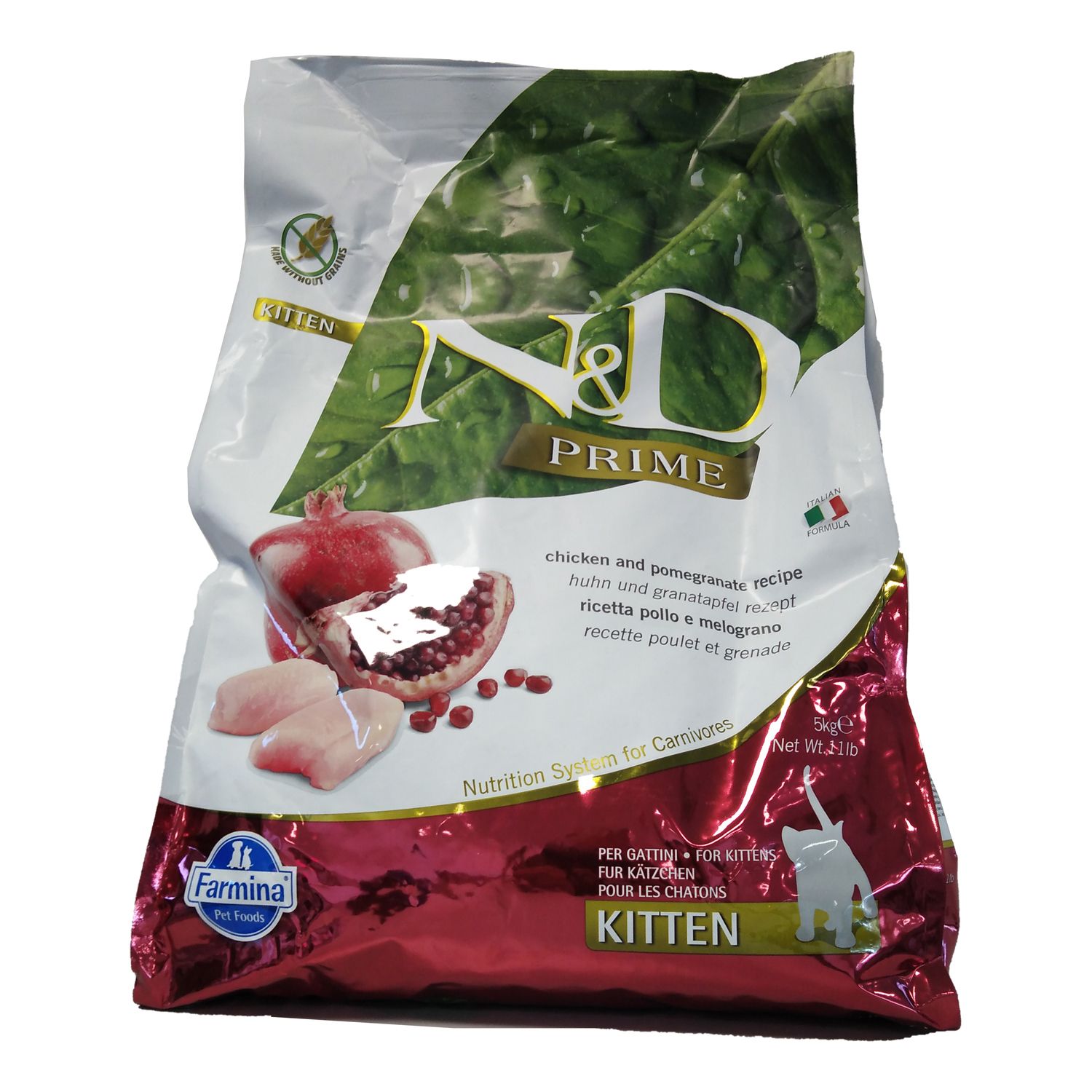 Beutel Trockenfutter. Aufdruck: N&D Prime, Huhn & Granatapfel. Abbildung: Granatapfel, Hühnerfleisch. Kitten-Logo.