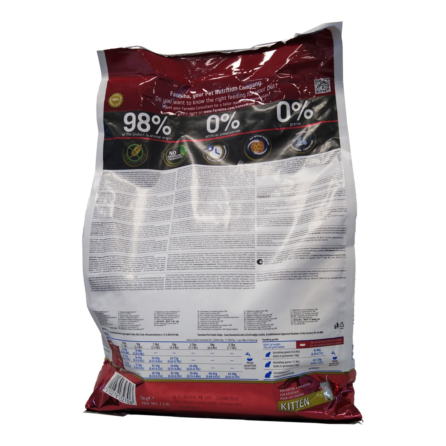 Rückseite des Trockenfutterbeutels. Text und Nährwertangaben. Kitten-Logo. 98% tierische Proteine, 0% Getreide, 0% künstliche Konservierungsstoffe.