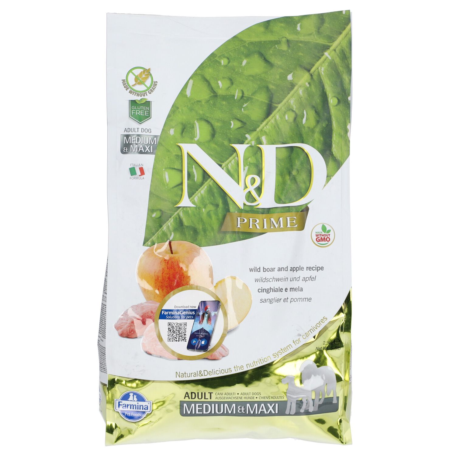 Beutel Trockenfutter. N&D Prime, Wildschwein & Apfel. Aufdruck: Adult Medium & Maxi. Mit Logo und Zertifizierungen.