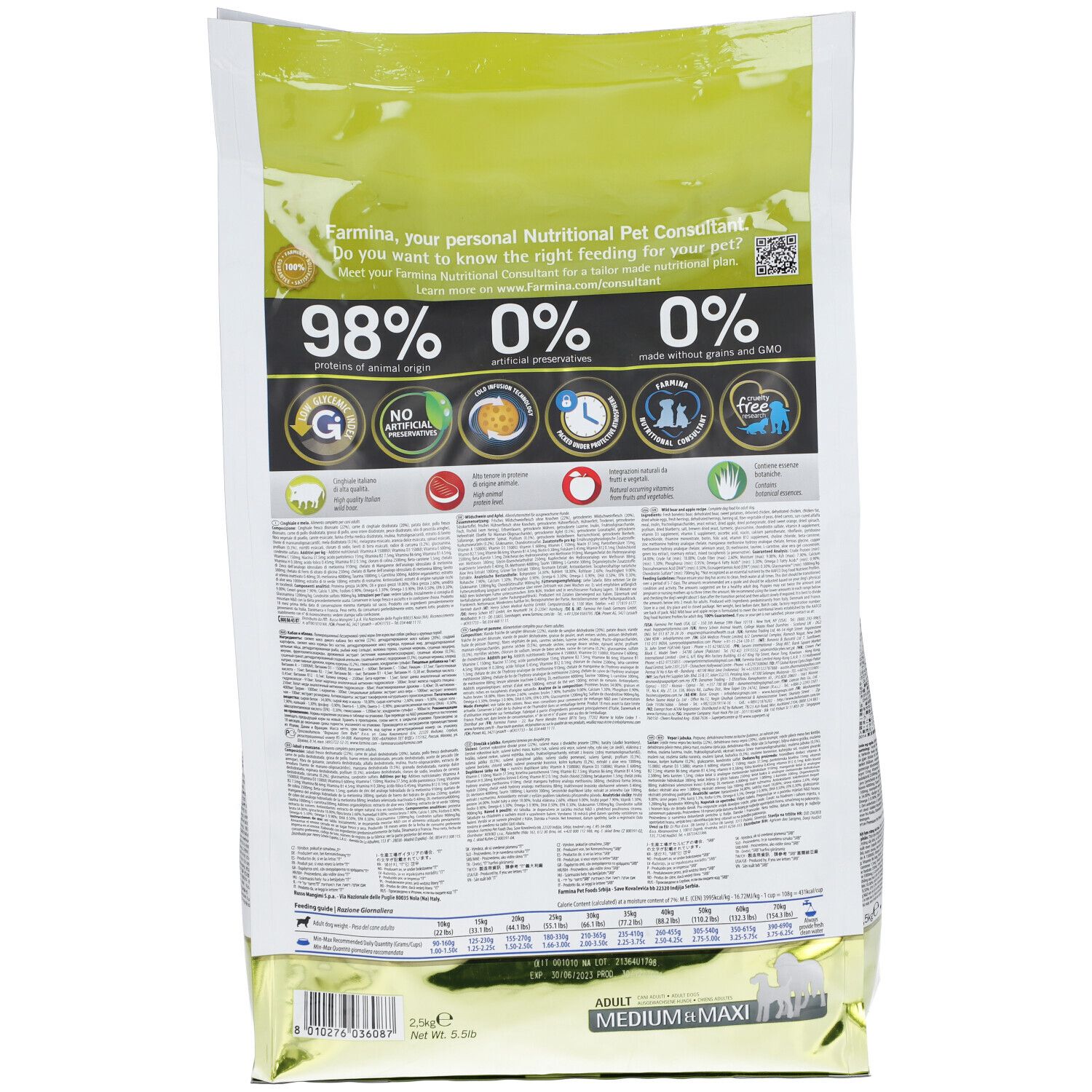 Rückseite der Trockenfutter-Verpackung. Text mit Nährwertangaben und Zertifizierungen. Aufdruck: 98% tierischen Ursprungs.