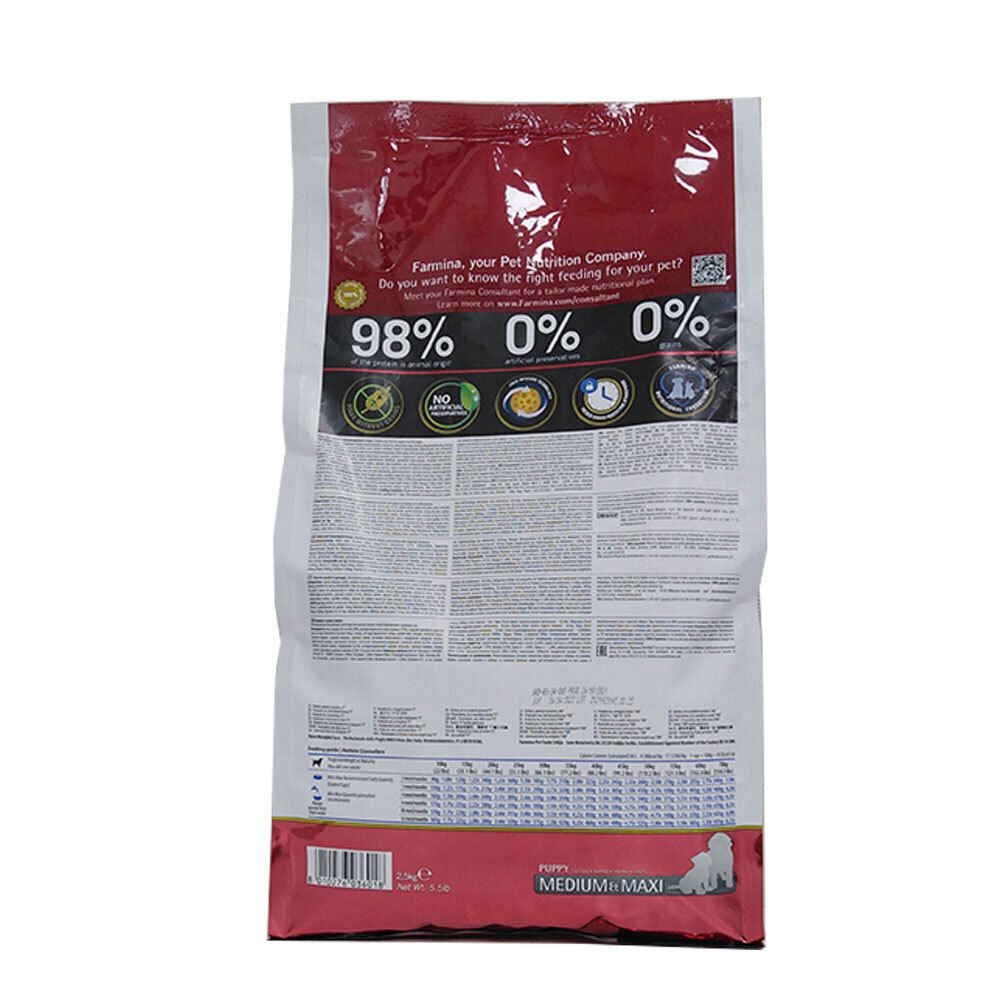 Rückseite der Trockenfutter-Verpackung. Text mit Nährwertangaben und Inhaltsstoffen. Aufschrift: Puppy Medium Maxi.