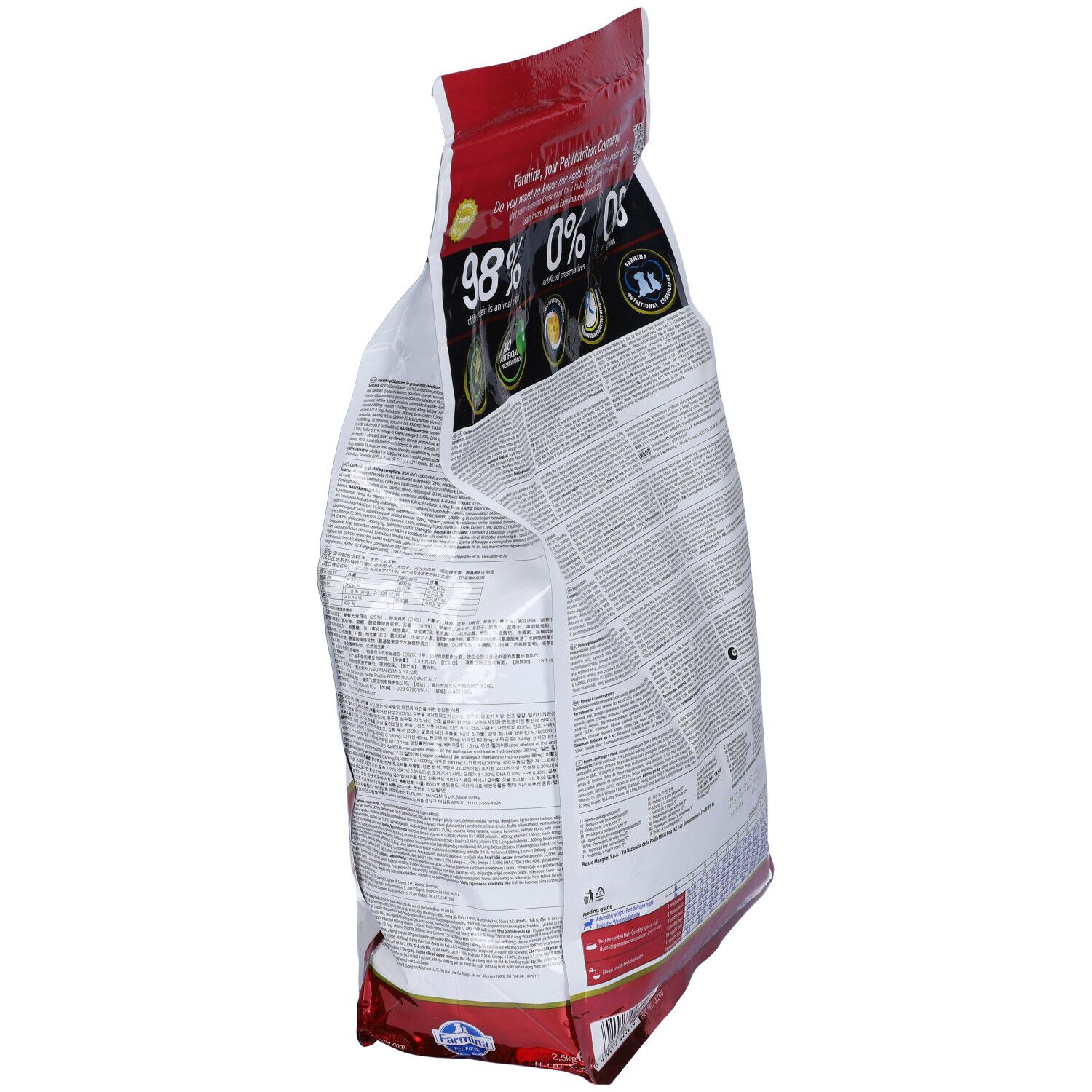 Seitenansicht der Trockenfutter-Verpackung. Text mit Nährwertangaben. Aufschrift: Puppy Medium Maxi.