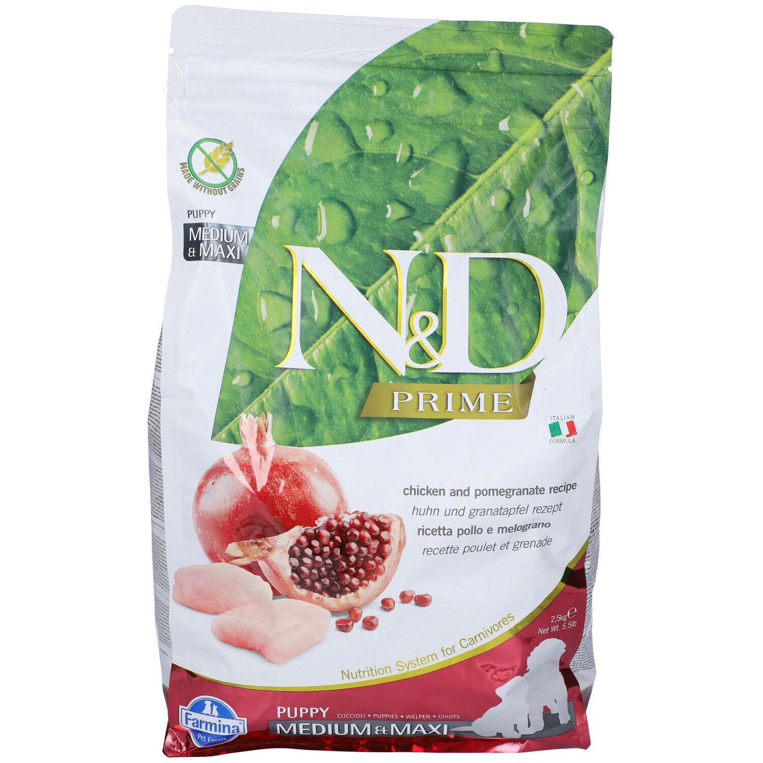 Beutel Trockenfutter. N&D Prime, Huhn & Granatapfel. Abbildung von Granatapfel, Hühnerfleisch. Aufschrift: Puppy Medium Maxi.