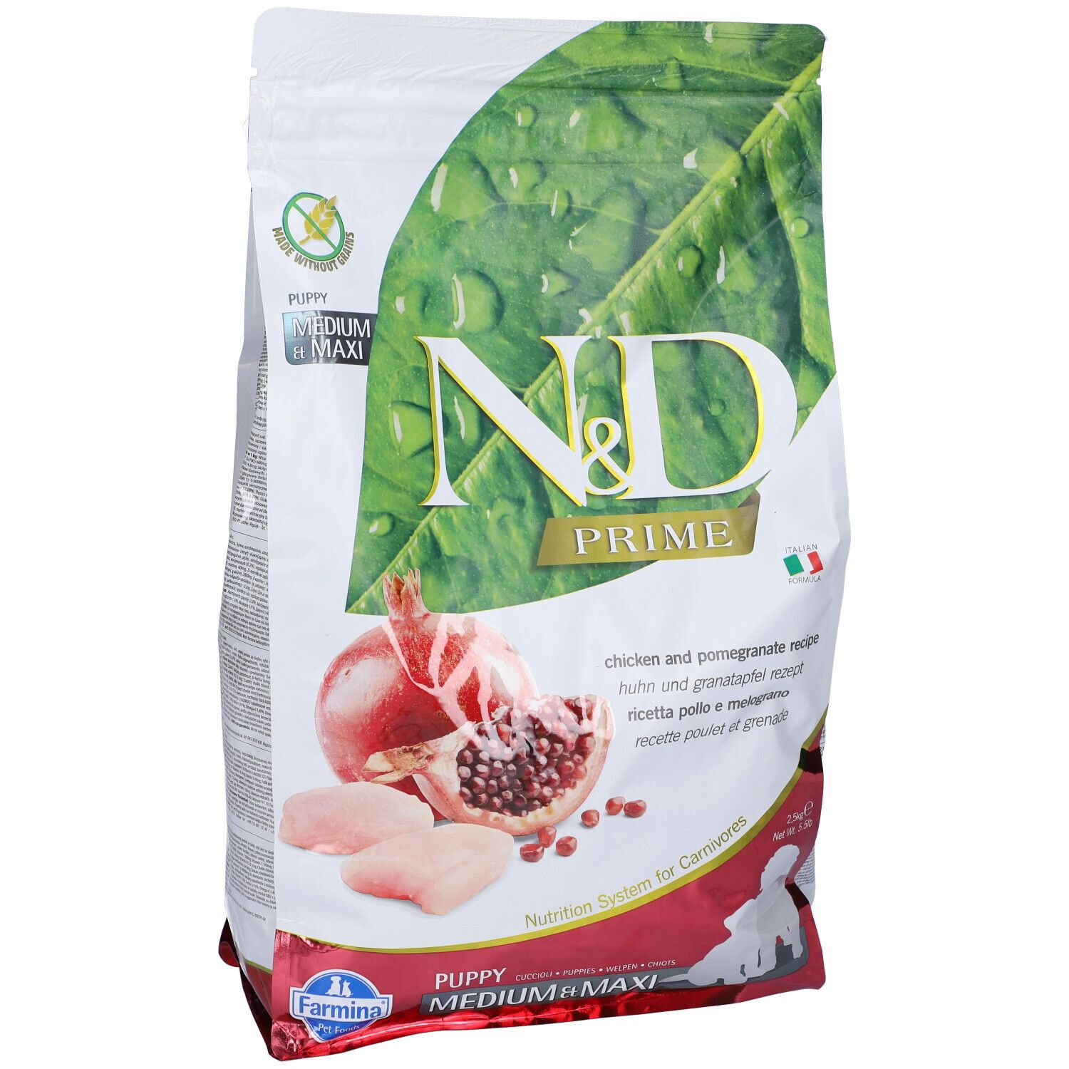 Beutel Trockenfutter. N&D Prime, Huhn & Granatapfel. Abbildung von Granatapfel, Hühnerfleisch. Aufschrift: Puppy Medium Maxi.