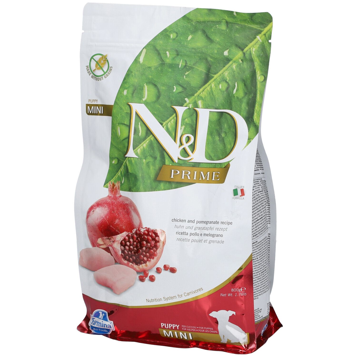 Verpackung mit N&D Prime Puppy Mini. Abbildung von Granatapfel und Hühnchen. Text: Huhn & Granatapfel Rezept.