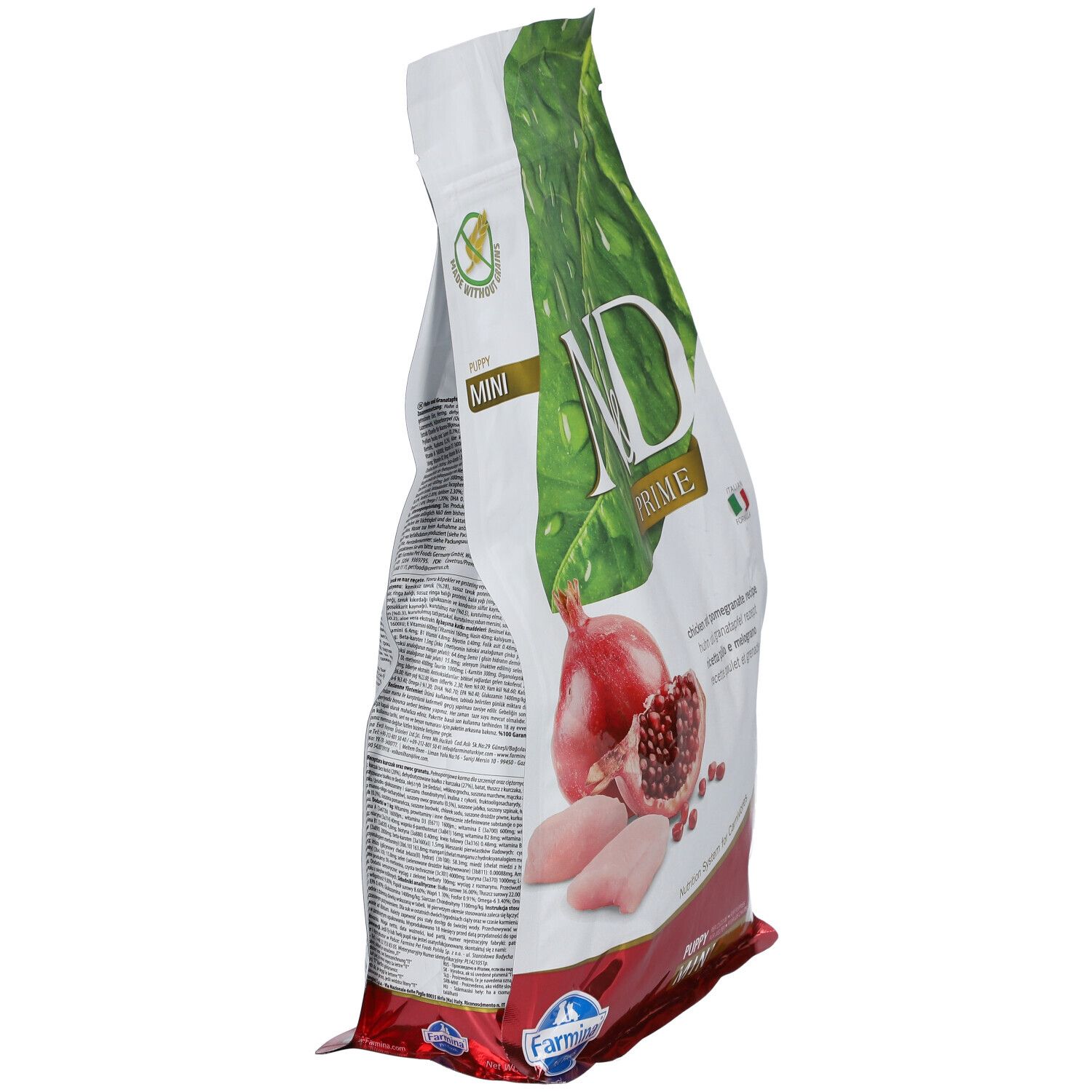 Seitenansicht der Verpackung N&D Prime Puppy Mini. Abbildung von Granatapfel und Hühnchen. Text auf Verpackung.