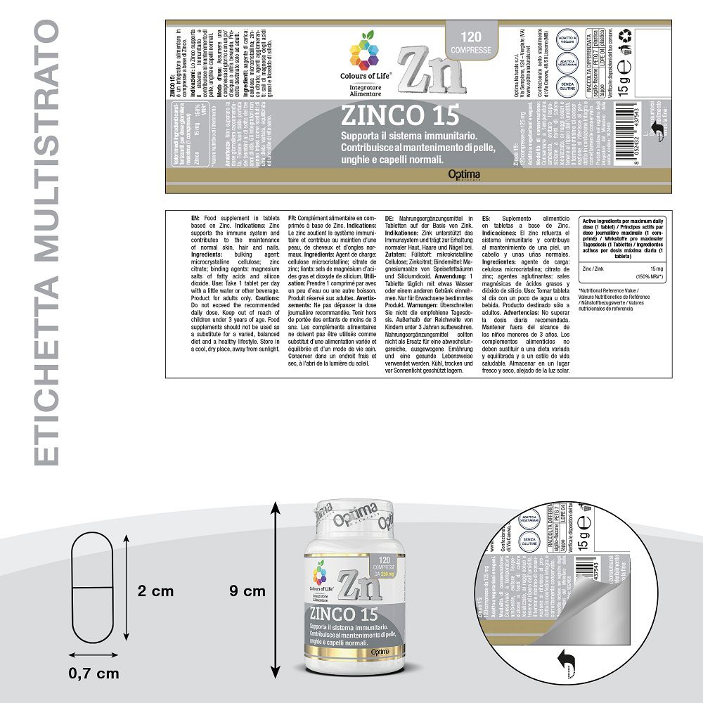 Verpackungsdetails und Abmessungen einer Zink 15 Tablette und Flasche.