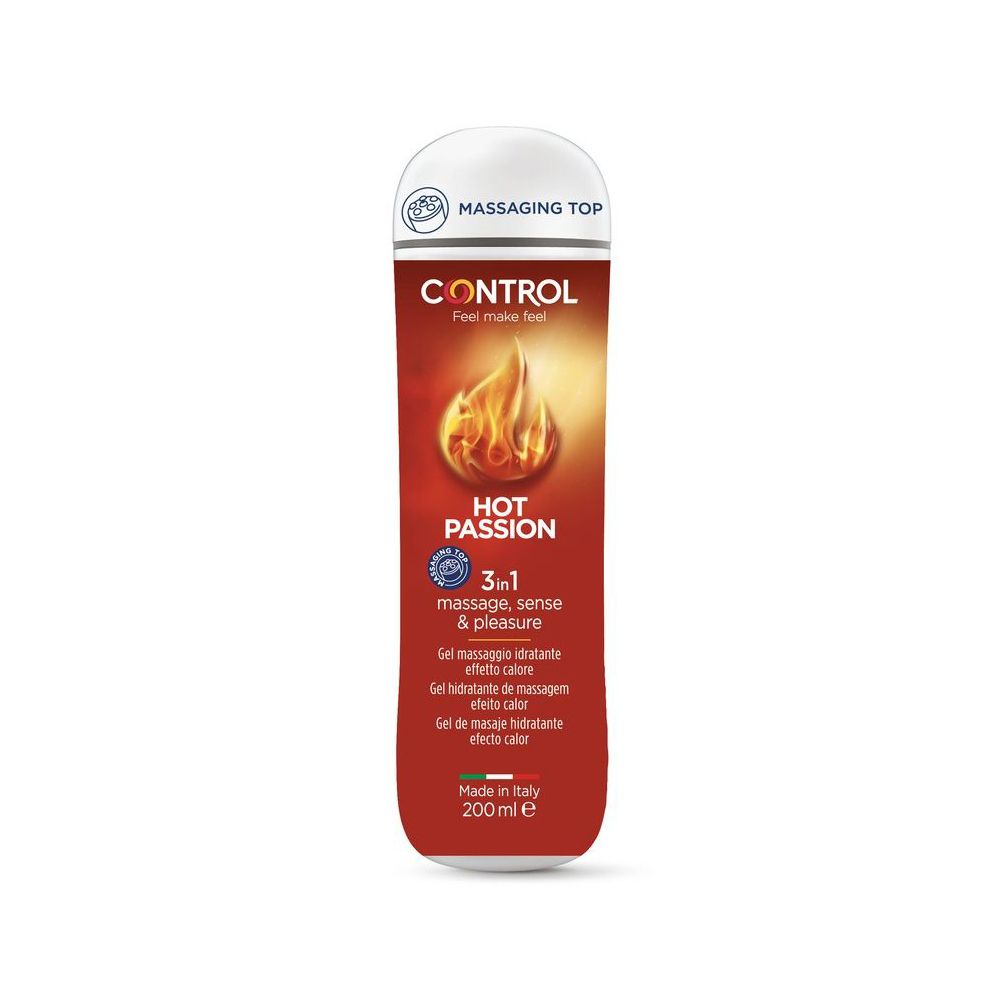Control Hot Passion 3-in-1 Gleitgel und Massageöl in roter Flasche mit Flammen-Design.