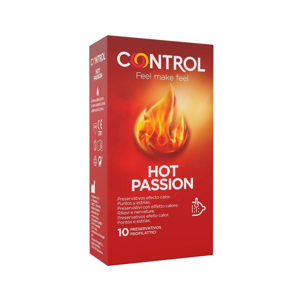 Control Hot Passion Kondome, 10 Stück. Rote Packung mit Flammen-Design.