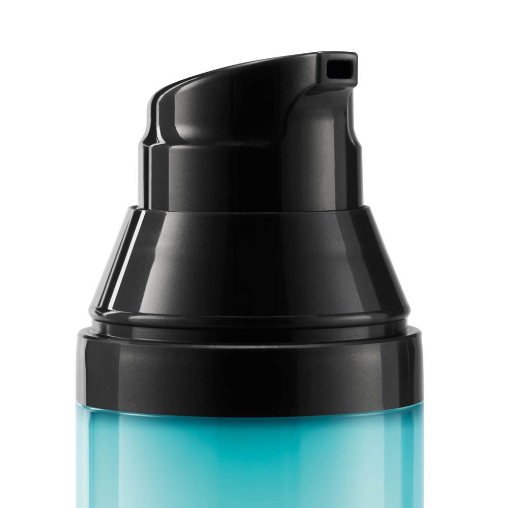 Nahaufnahme des schwarzen Pumpkopfes einer Flasche. Schwarzer Kunststoff, glänzend.