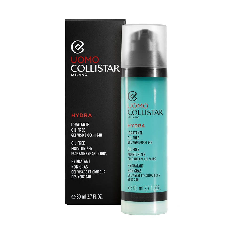 Produktflasche mit schwarzer Verpackung. Aufschrift: Uomo Collistar, Hydra, Oil Free, 80 ml.