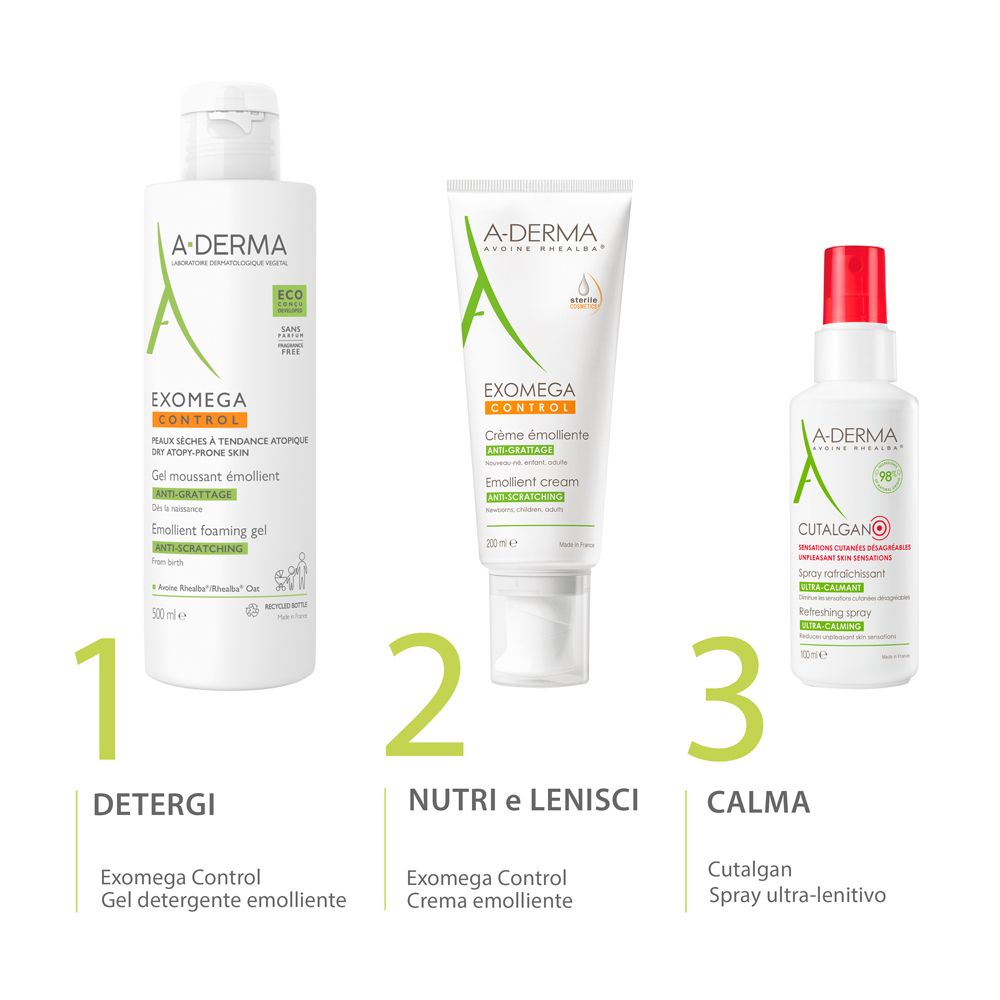 Drei A-Derma Hautpflegeprodukte: Emolliierendes Waschgel, Emolliierendes Creme und beruhigendes Spray.