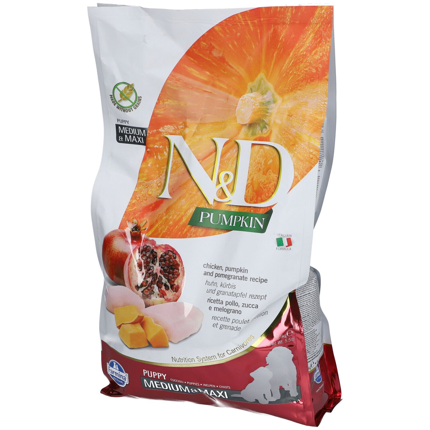 Trockenfutter-Beutel mit N&D Pumpkin-Logo. Abbildung von Kürbis, Granatapfel und Hühnchen. Text: Puppy Medium Maxi.
