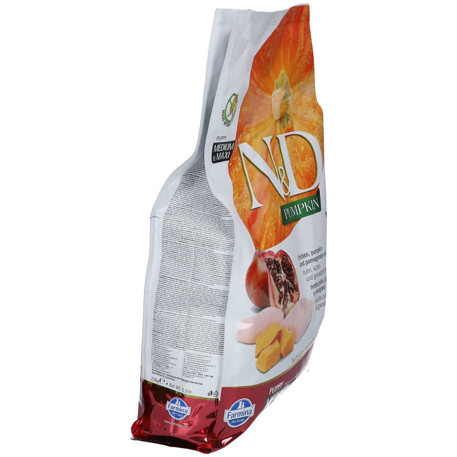 Schräg gestellter Trockenfutter-Beutel mit N&D Pumpkin-Logo. Kürbis- und Granatapfel-Abbildung. Text: Puppy Medium Maxi.