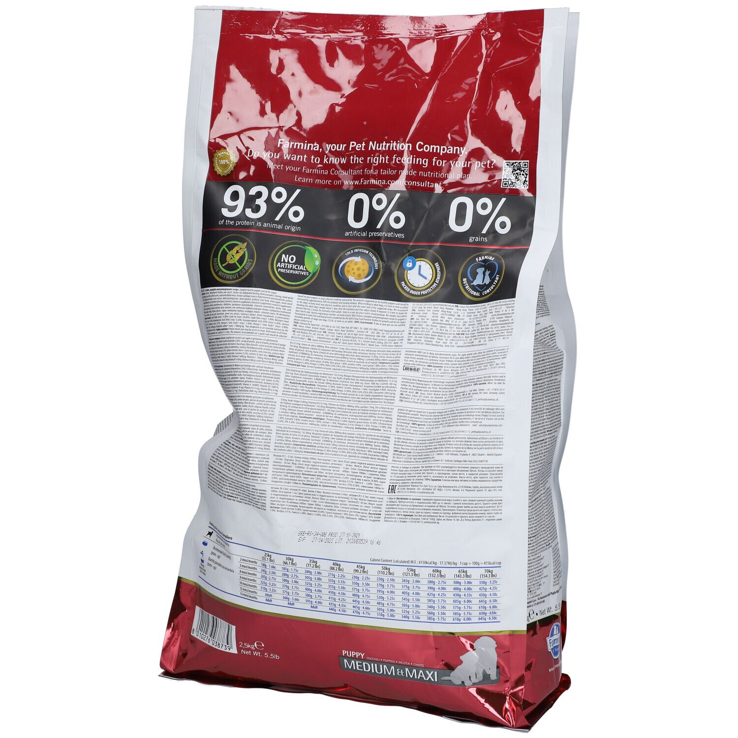 Rückseite des Trockenfutter-Beutels. Text: 93% tierischen Ursprungs, 0% Getreide, 0% künstliche Konservierungsstoffe. Puppy Medium Maxi.