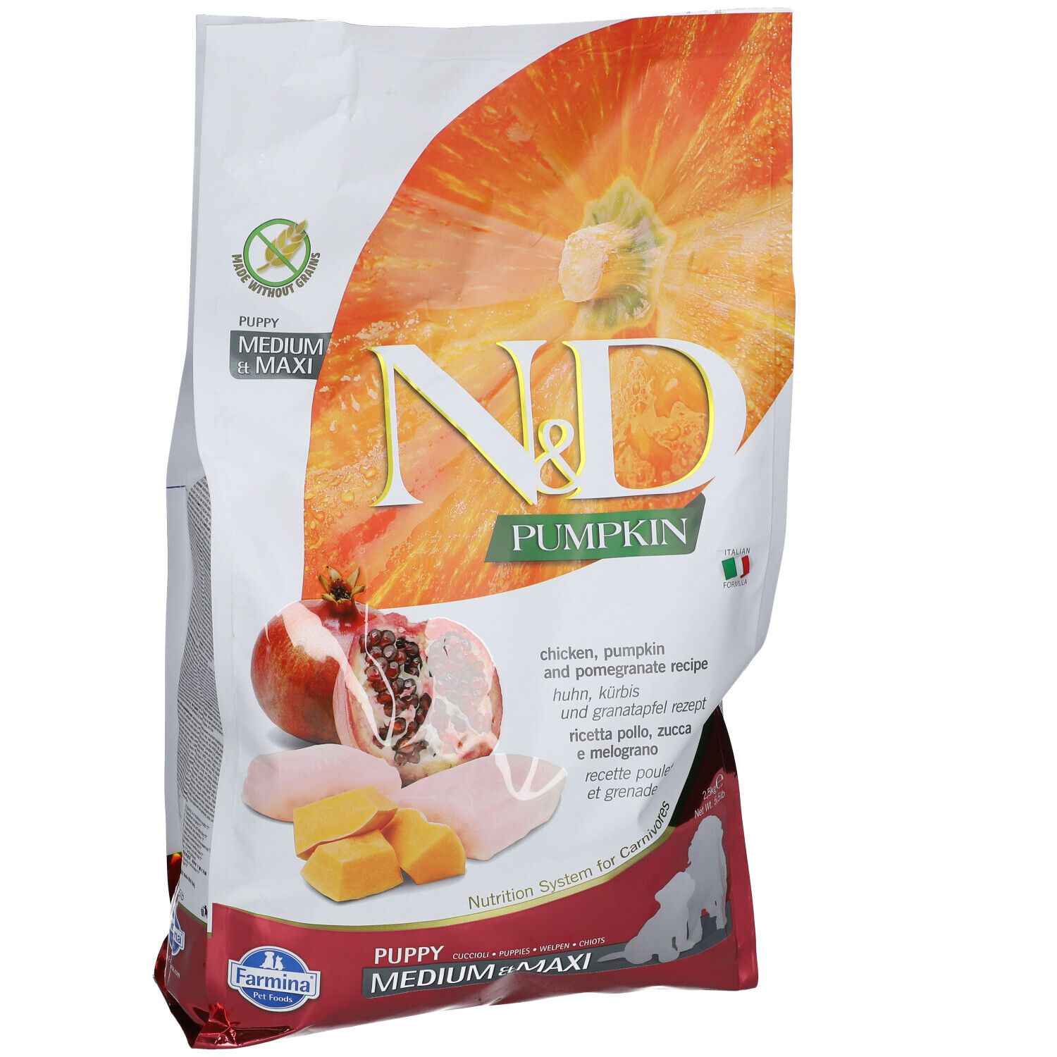 Trockenfutter-Beutel mit N&D Pumpkin-Logo. Abbildung von Kürbis, Granatapfel und Hühnchen. Text: Puppy Medium Maxi.