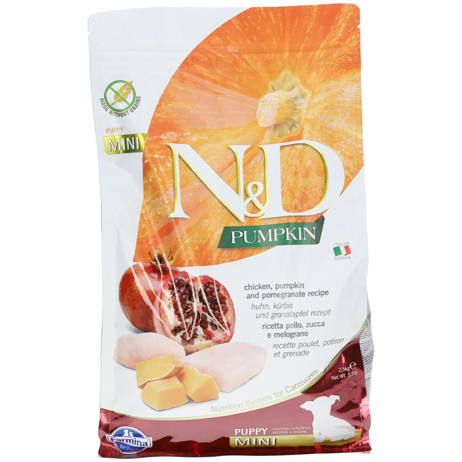 Farmina N&D Pumpkin Hundefutterbeutel. Aufdruck: N&D Pumpkin, Huhn, Kürbis & Granatapfel. Abbildung: Kürbis, Granatapfel, Fleischstücke.