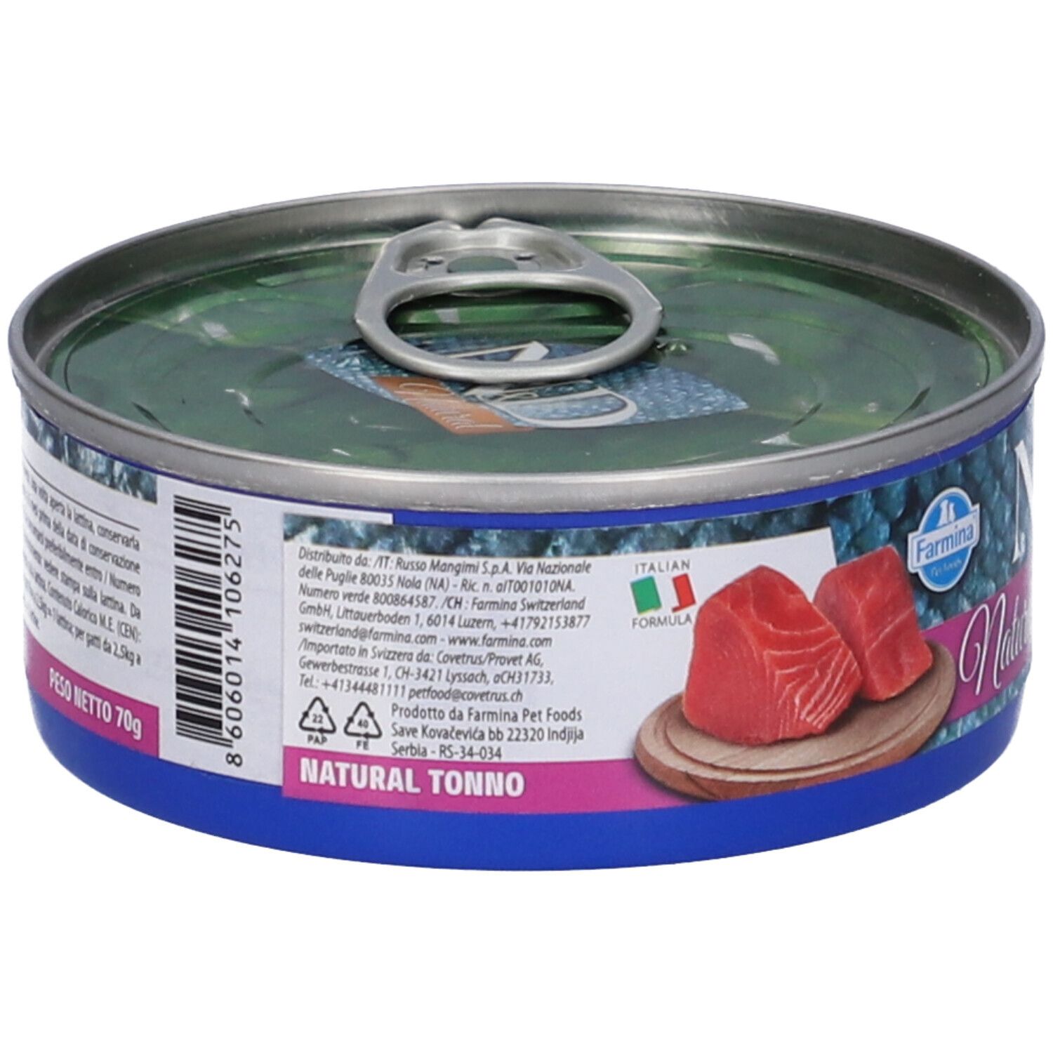 Rückseite der Dose. Text: Natural Tonno. Abbildung von Thunfischstücken. Farmina Logo. Text und Informationen.