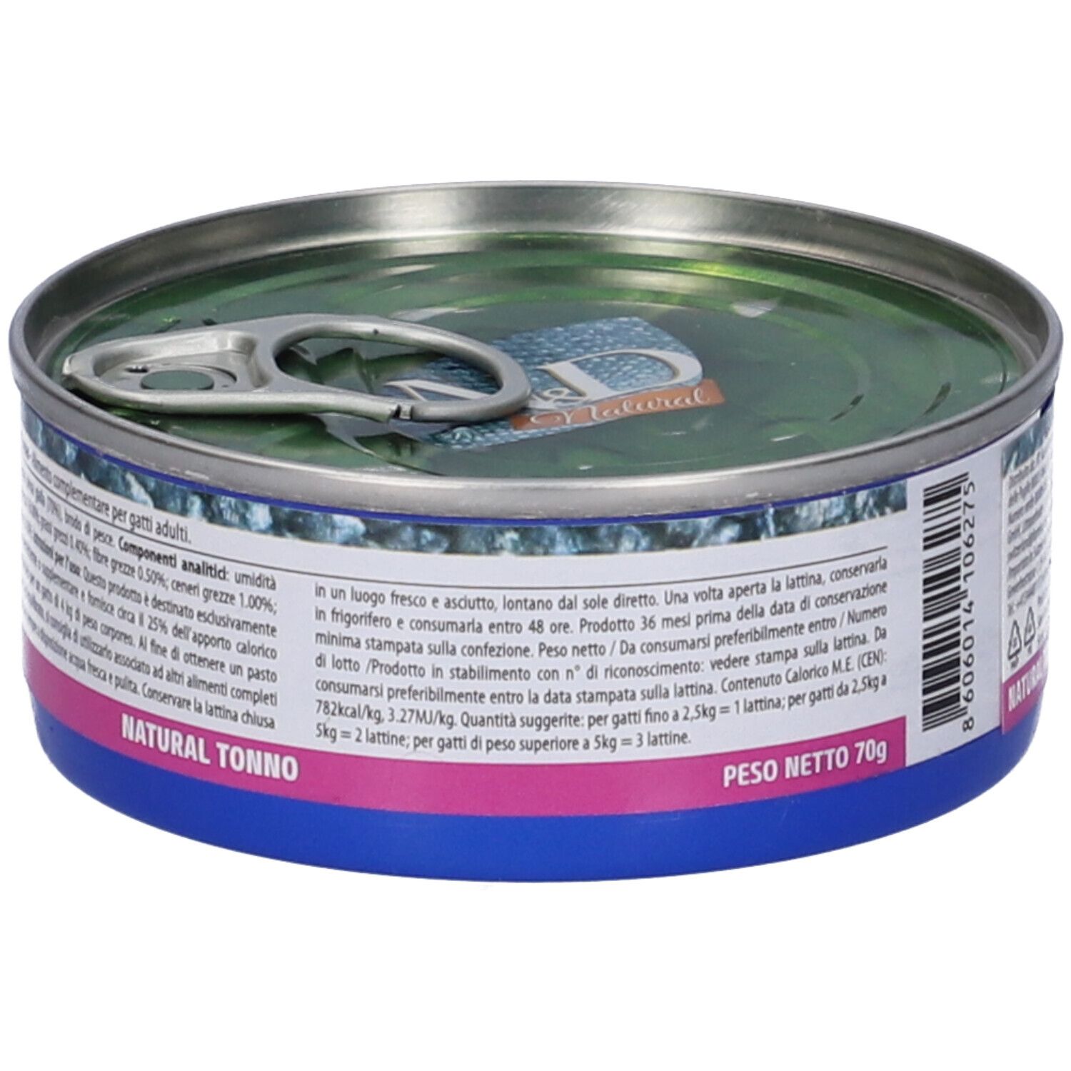 Dose mit Deckel. Text: Natural Tonno. Text und Informationen. Gewicht: 70g. Aufschrift: Peso Netto 70g.