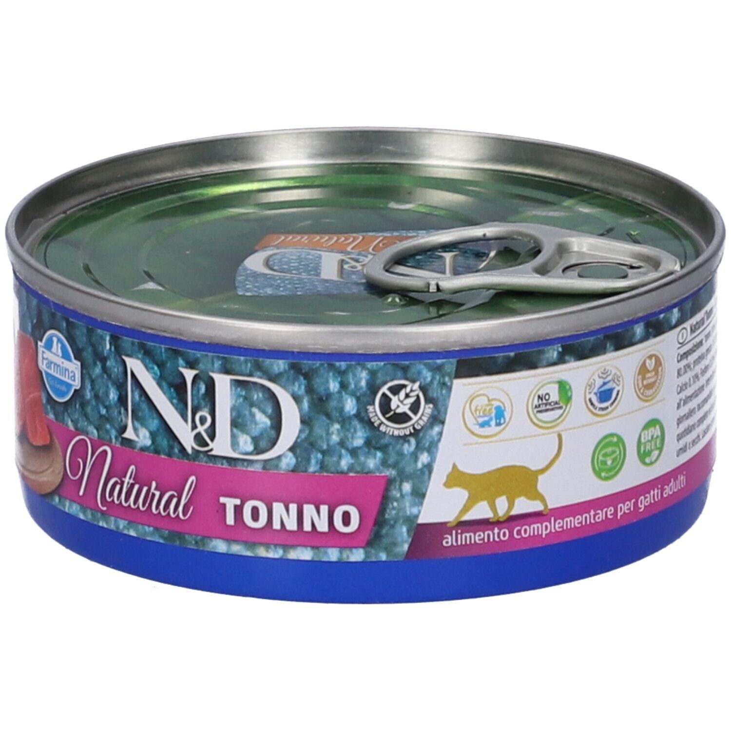 Runde Dose mit Deckel. Aufschrift: N&D Natural Tonno. Abbildung von Thunfischstücken. Farmina Logo.