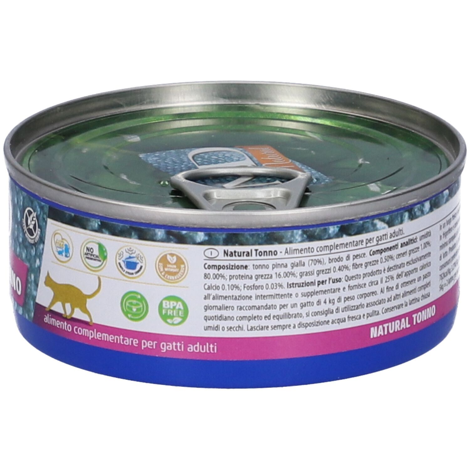 Rückseite der Dose. Text: Natural Tonno. Text und Informationen. Abbildung einer Katze. Logo Farmina.