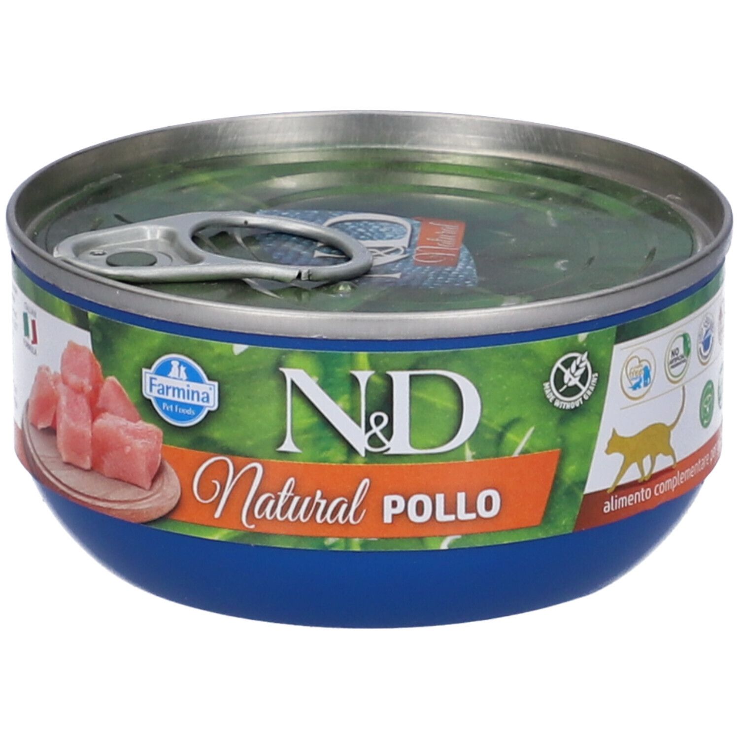 Katzenfutterdose mit "N&D Natural Pollo". Blaue Dose, offene Lasche. Hühnerfleisch-Stücke auf der Dose abgebildet.