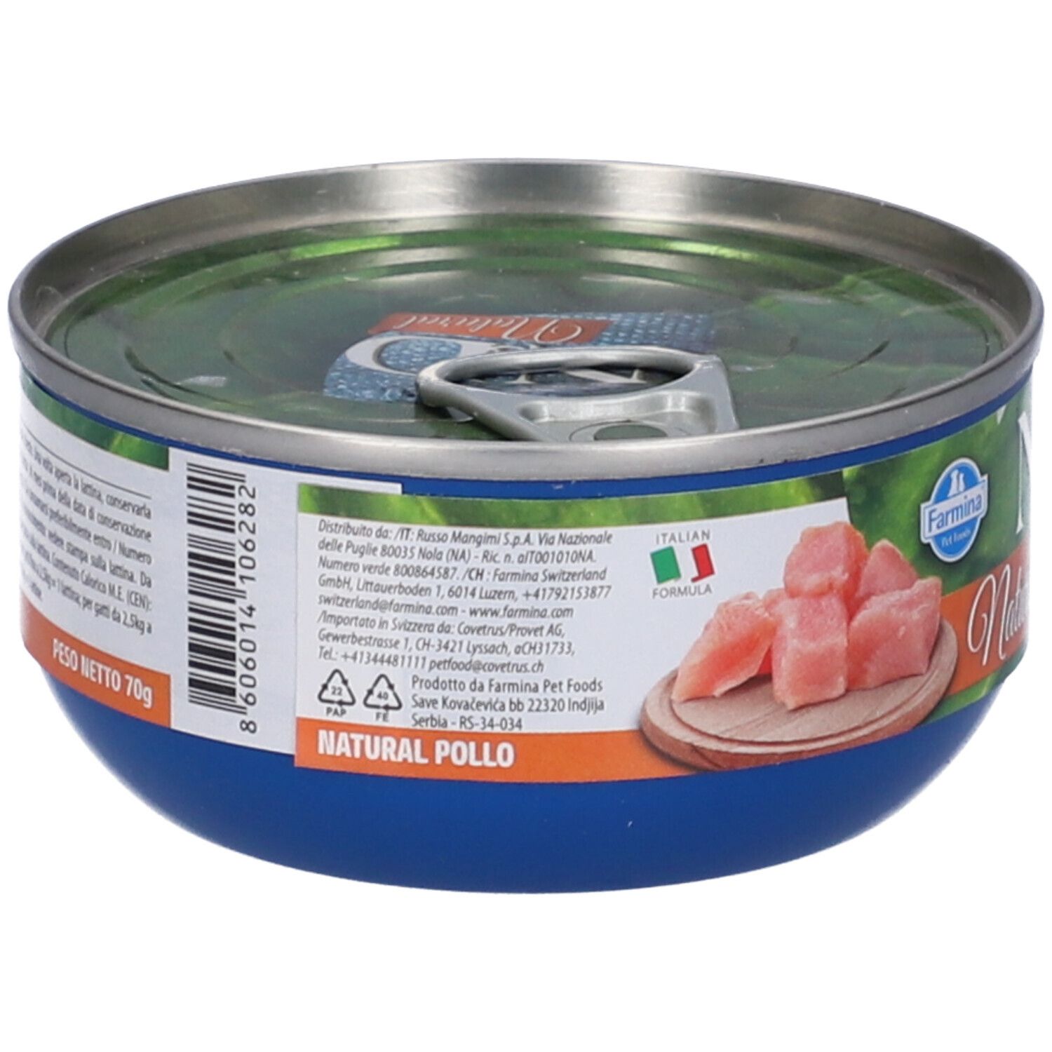 Katzenfutterdose "N&D Natural Pollo". Blaue Dose, Rückseite mit Text und Zutaten. Netto 70g.