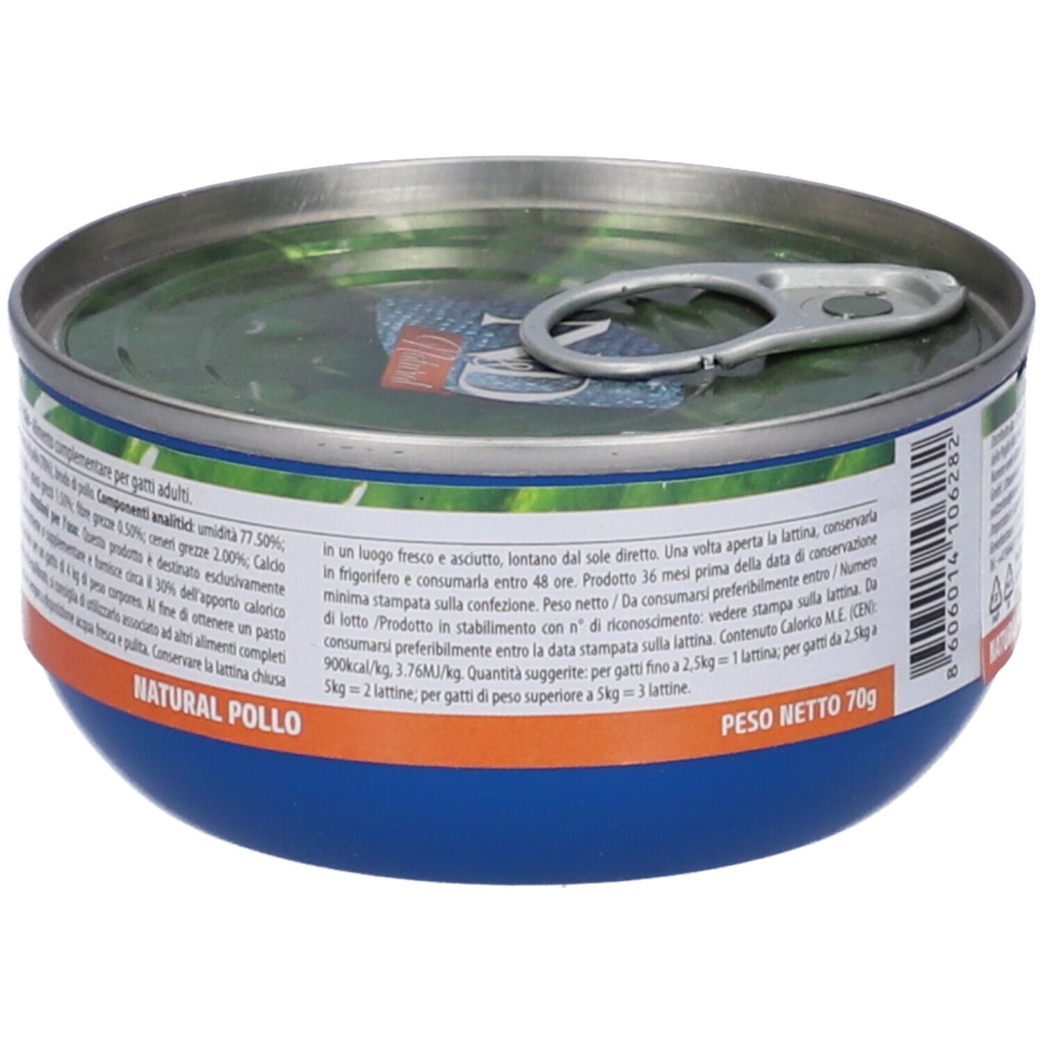 Katzenfutterdose "N&D Natural Pollo". Blaue Dose, Rückseite mit Text und Zutaten. Netto 70g.