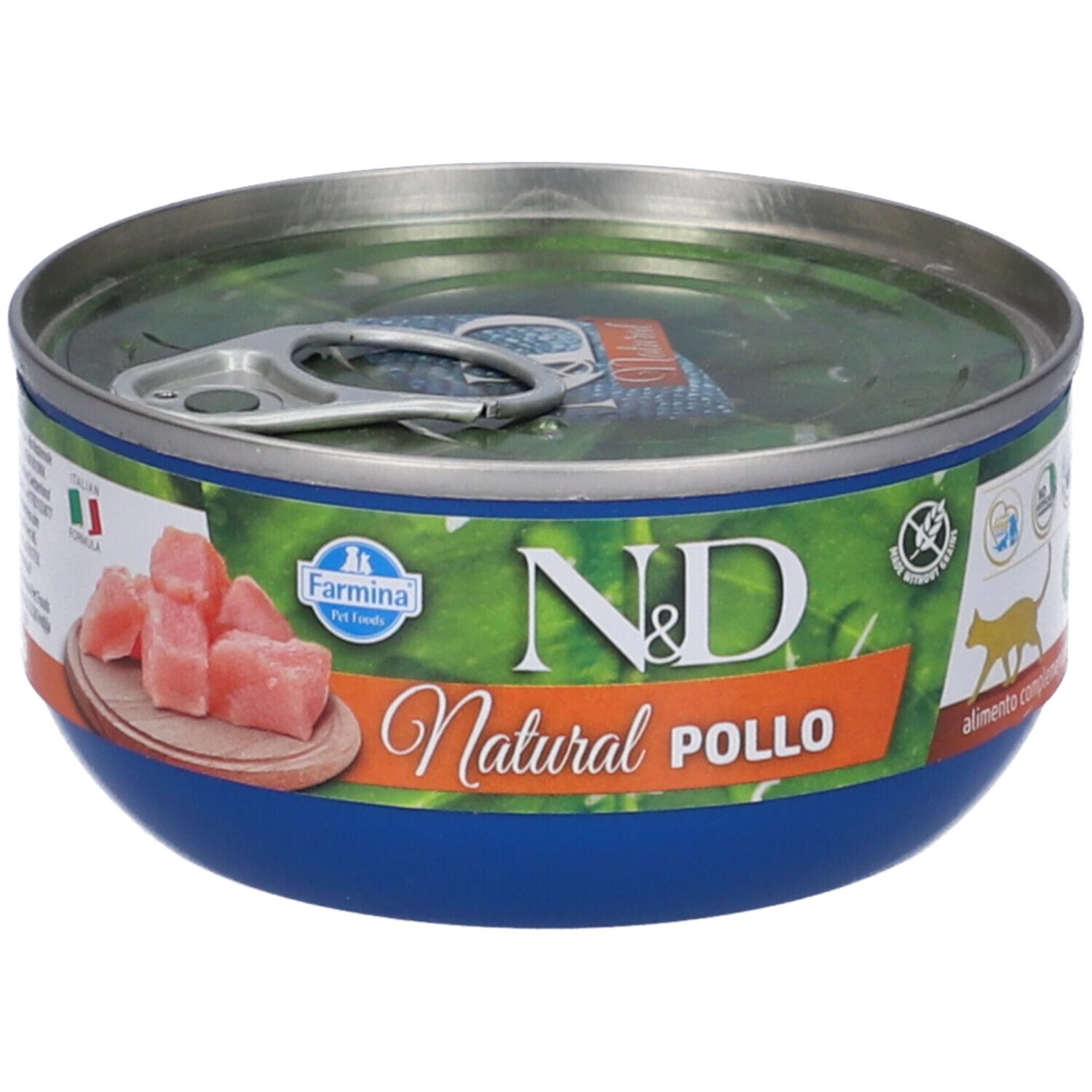 Katzenfutterdose mit "N&D Natural Pollo". Blaue Dose, offene Lasche. Hühnerfleisch-Stücke auf der Dose abgebildet.