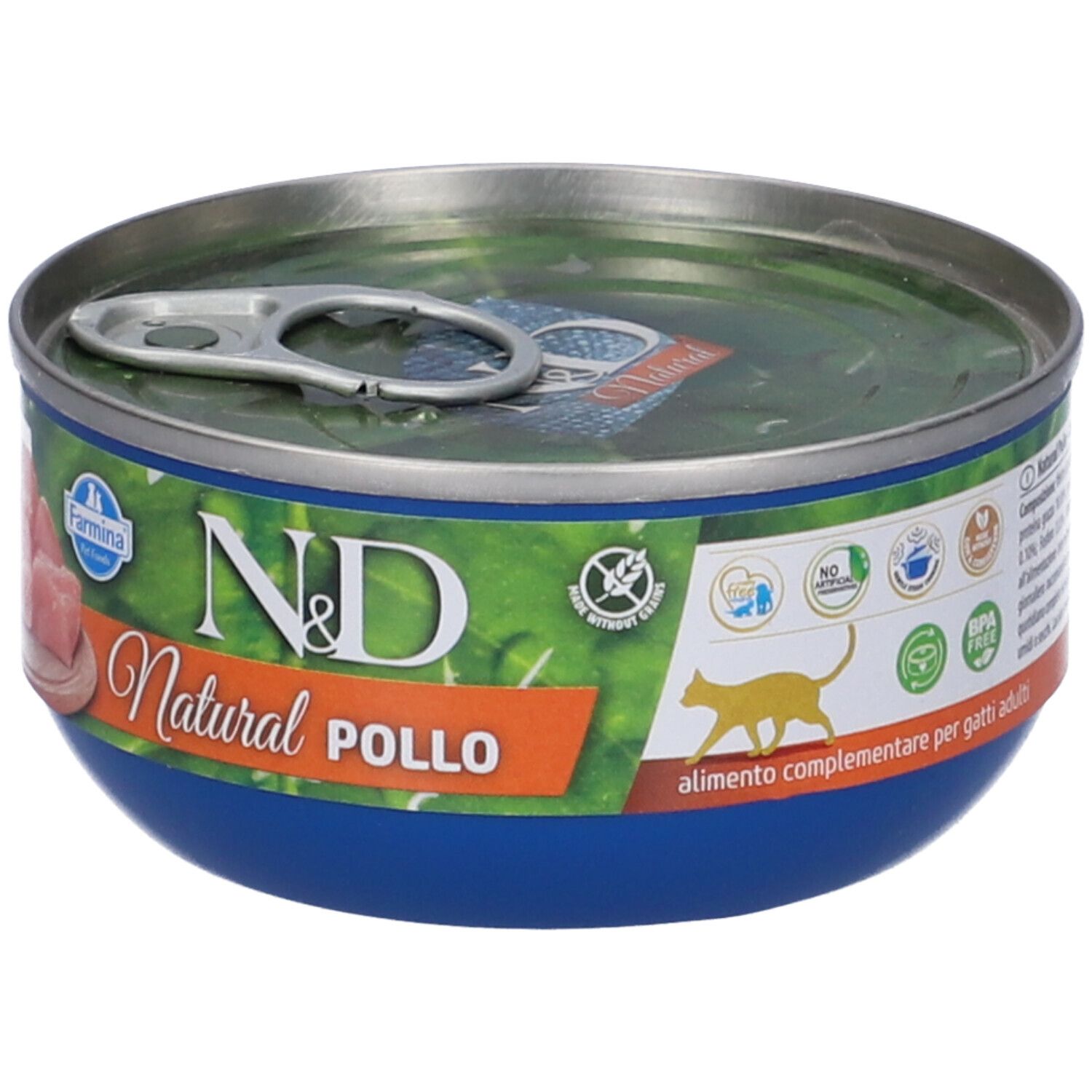 Katzenfutterdose "N&D Natural Pollo". Blaue Dose, offene Lasche. Logo und Text auf der Dose.